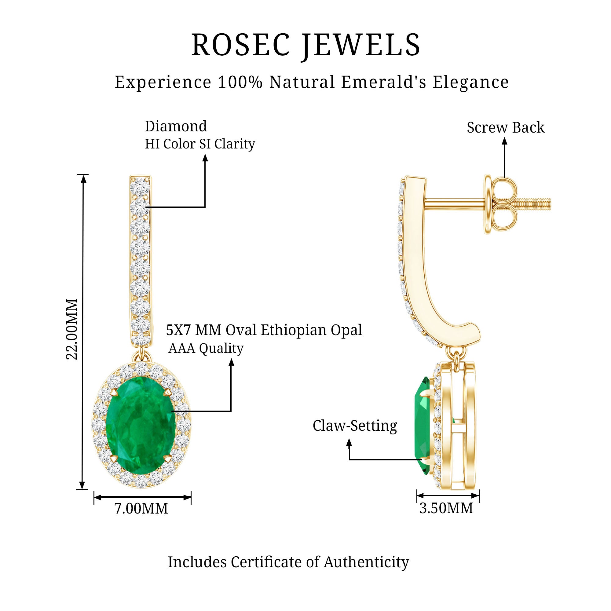 Oval Shape Emerald Hoop Drop Earrings with Diamond Halo AAA - Rosec Jewels