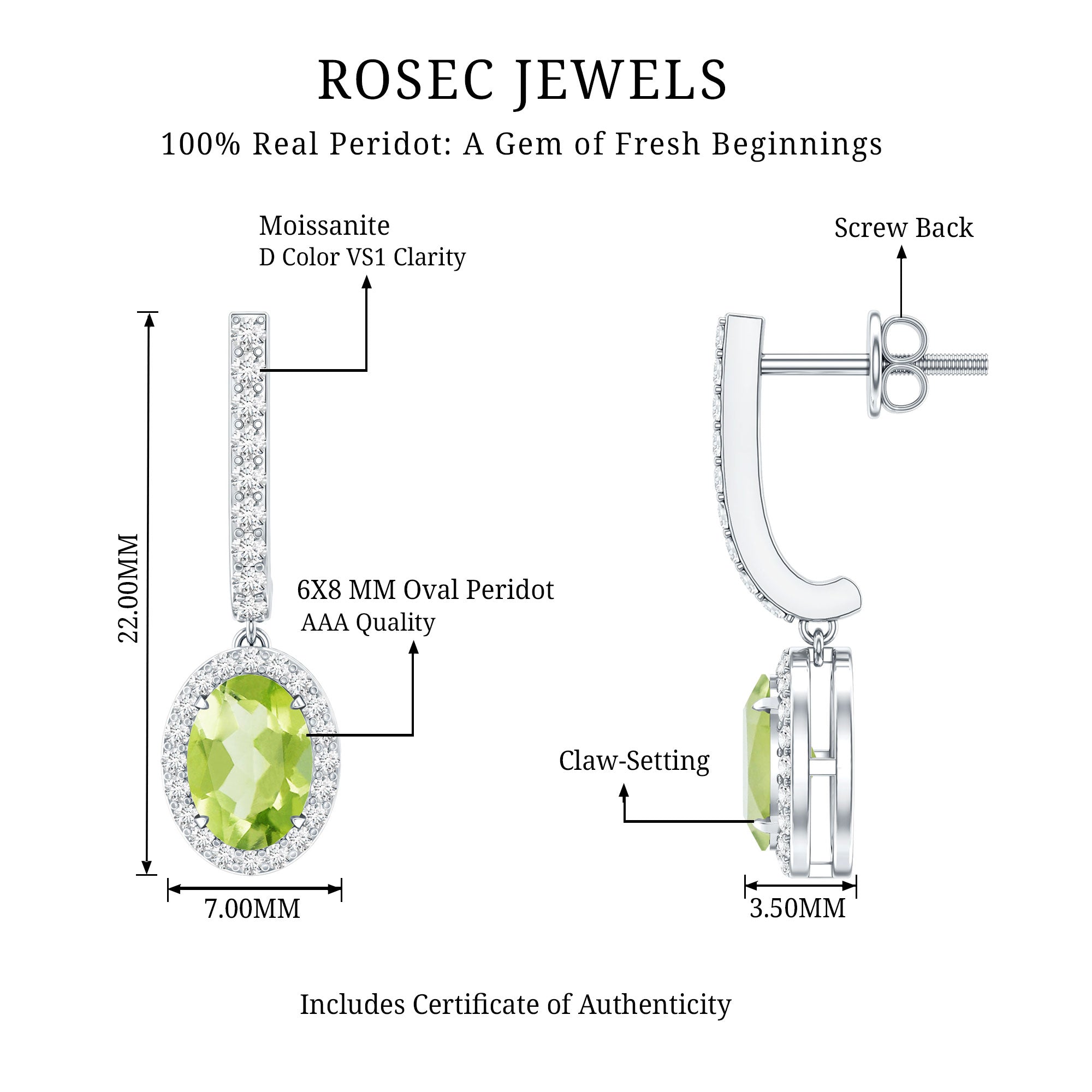 2.2 Carat Claw Set Peridot and Moissanite Drop Hoop Earrings AAA - Rosec Jewels