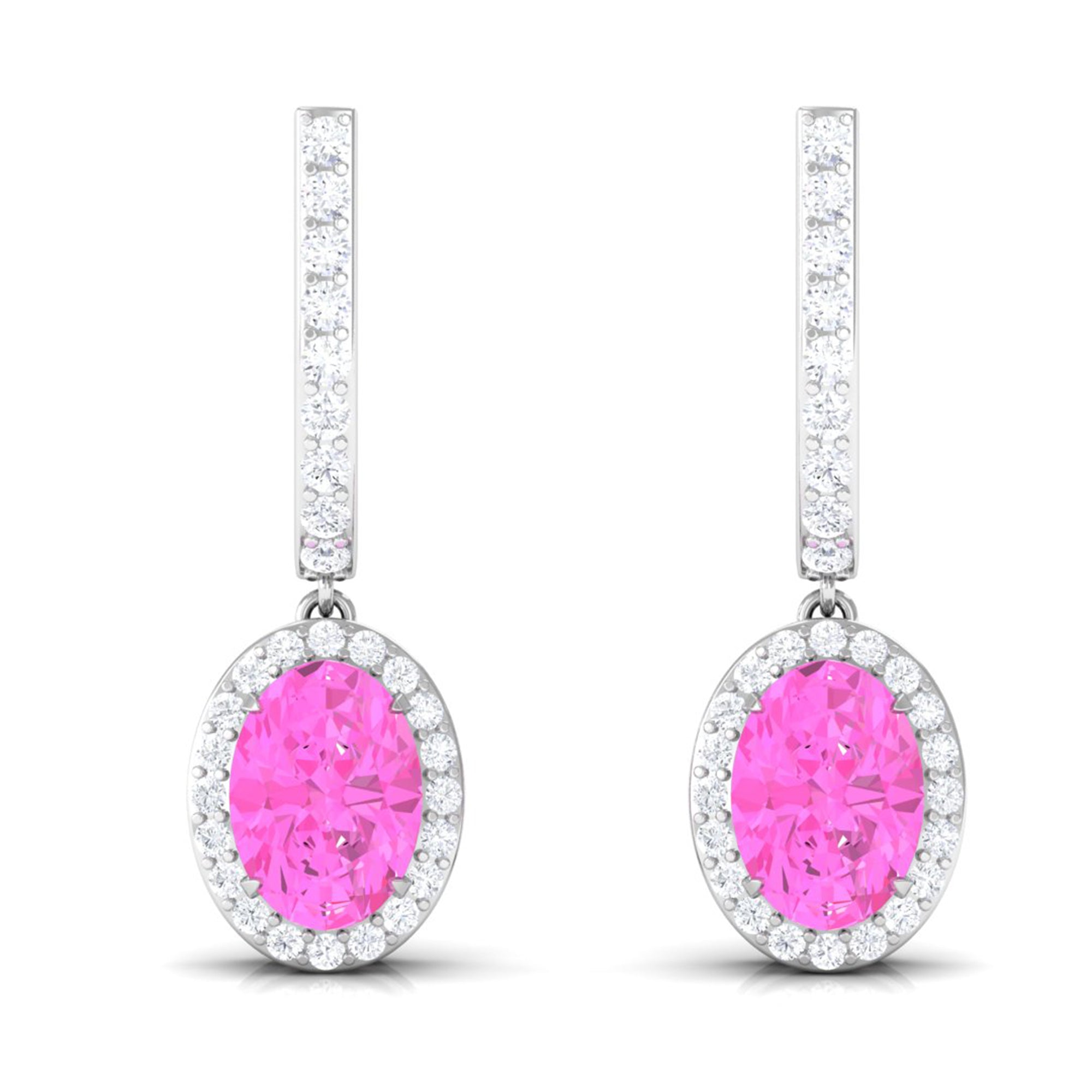 Oval Pink Sapphire and Diamond Hoop Drop Earrings Pink Sapphire - ( AAA ) - Quality - Rosec Jewels