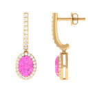 Oval Pink Sapphire and Diamond Hoop Drop Earrings Pink Sapphire - ( AAA ) - Quality - Rosec Jewels