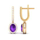 Oval Amethyst Hoop Drop Earrings with Diamond Halo Amethyst - ( AAA ) - Quality - Rosec Jewels