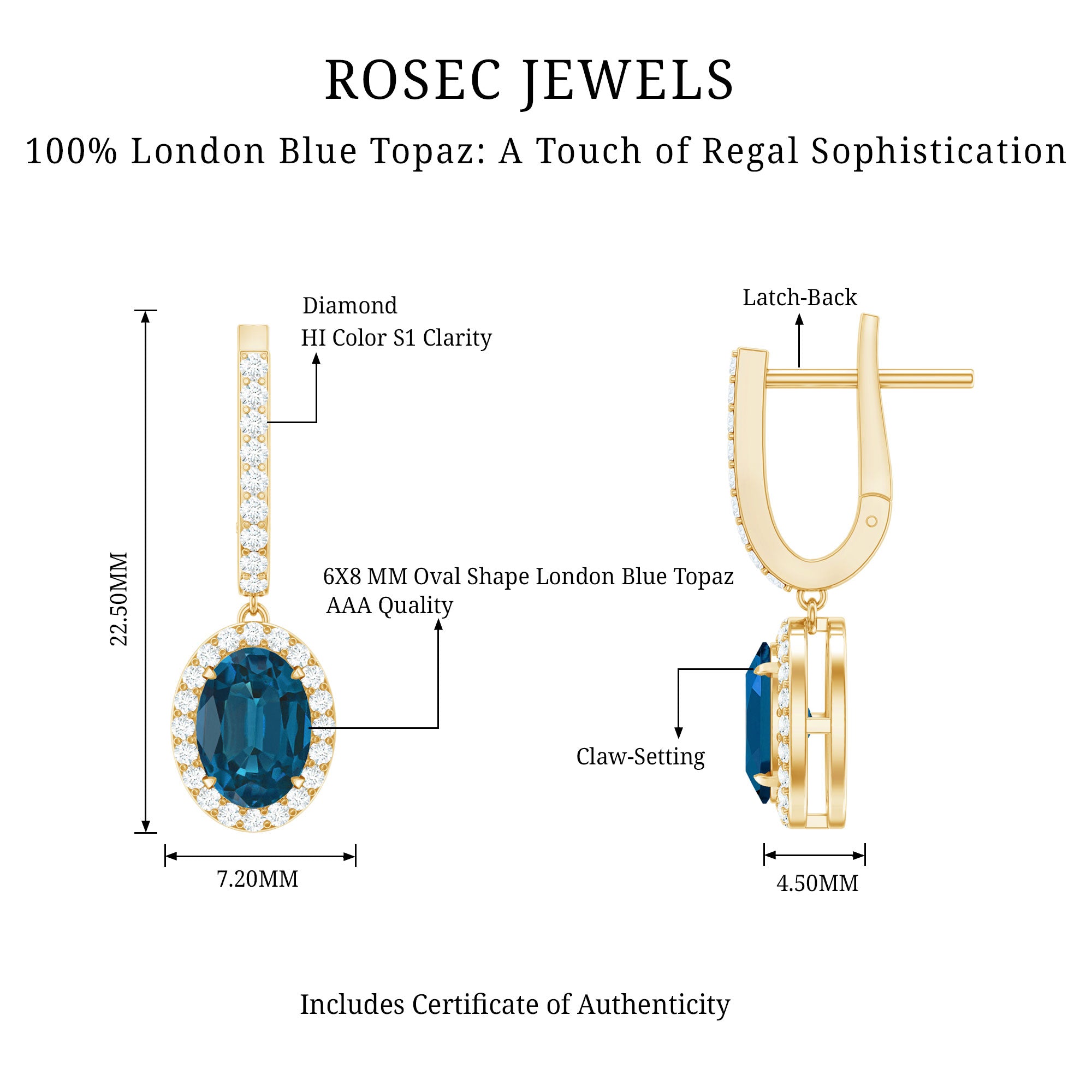 2.2 Carat Oval London Blue Topaz and Diamond Hoop Drop Earrings AAA - Rosec Jewels