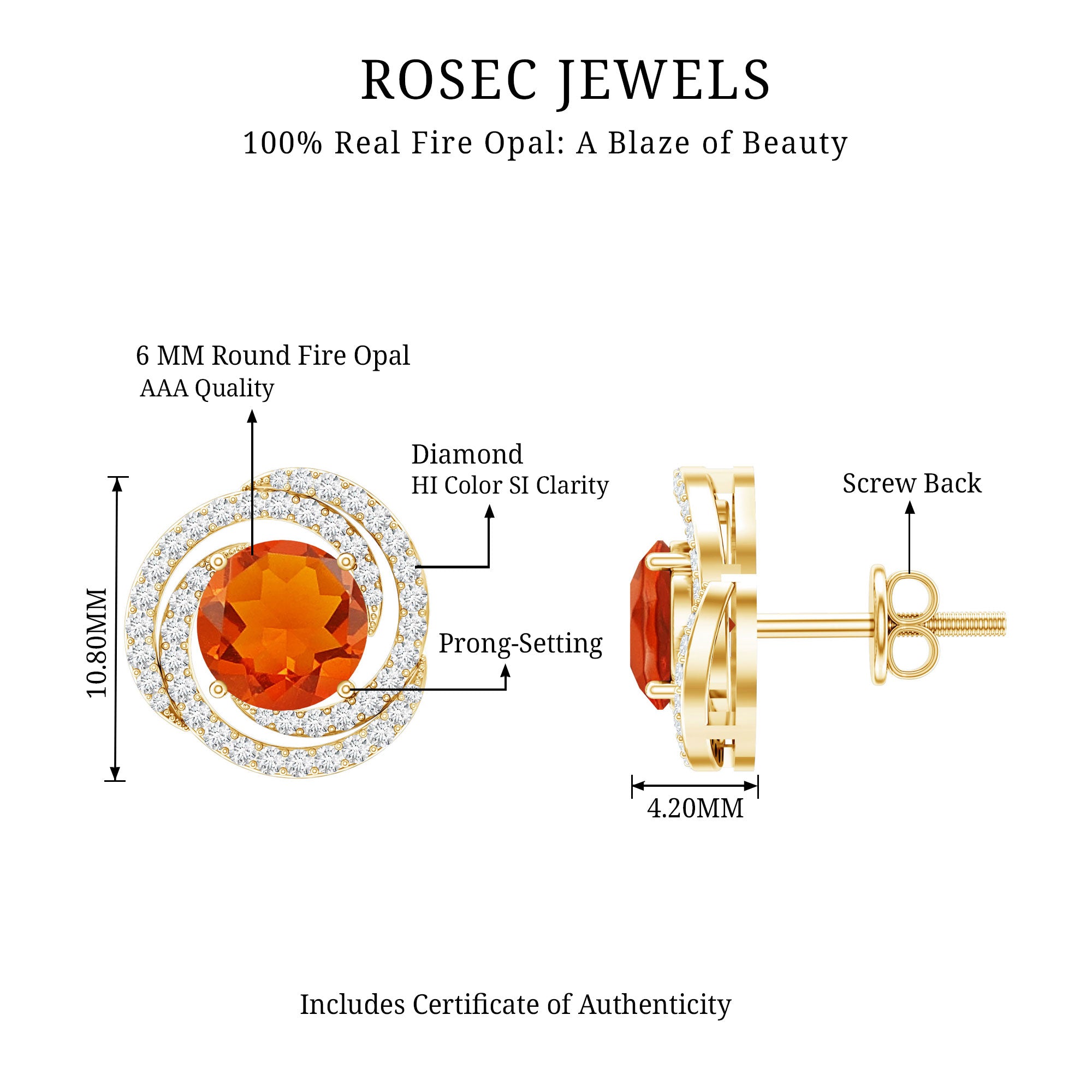 Real Fire Opal and Diamond Big Stud Earrings AAA - Rosec Jewels