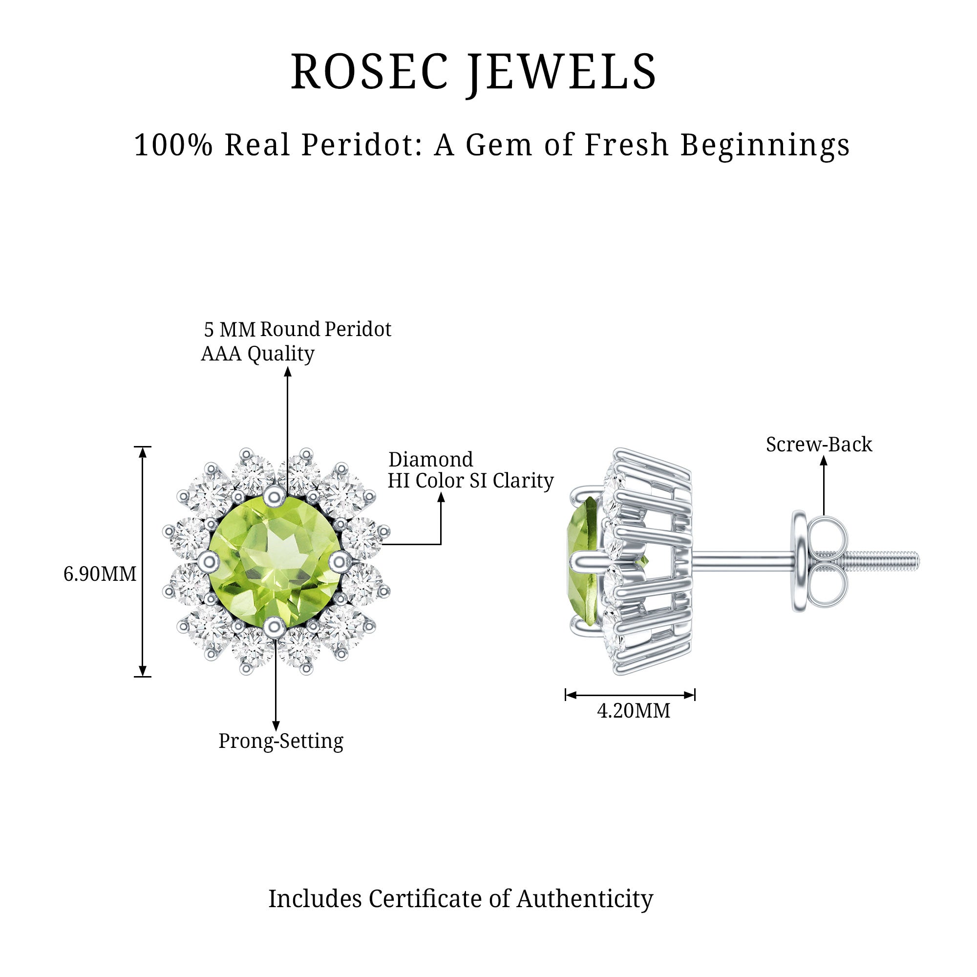 Natural 1 Carat Peridot Earrings with Diamond Halo for Women AAA - Rosec Jewels