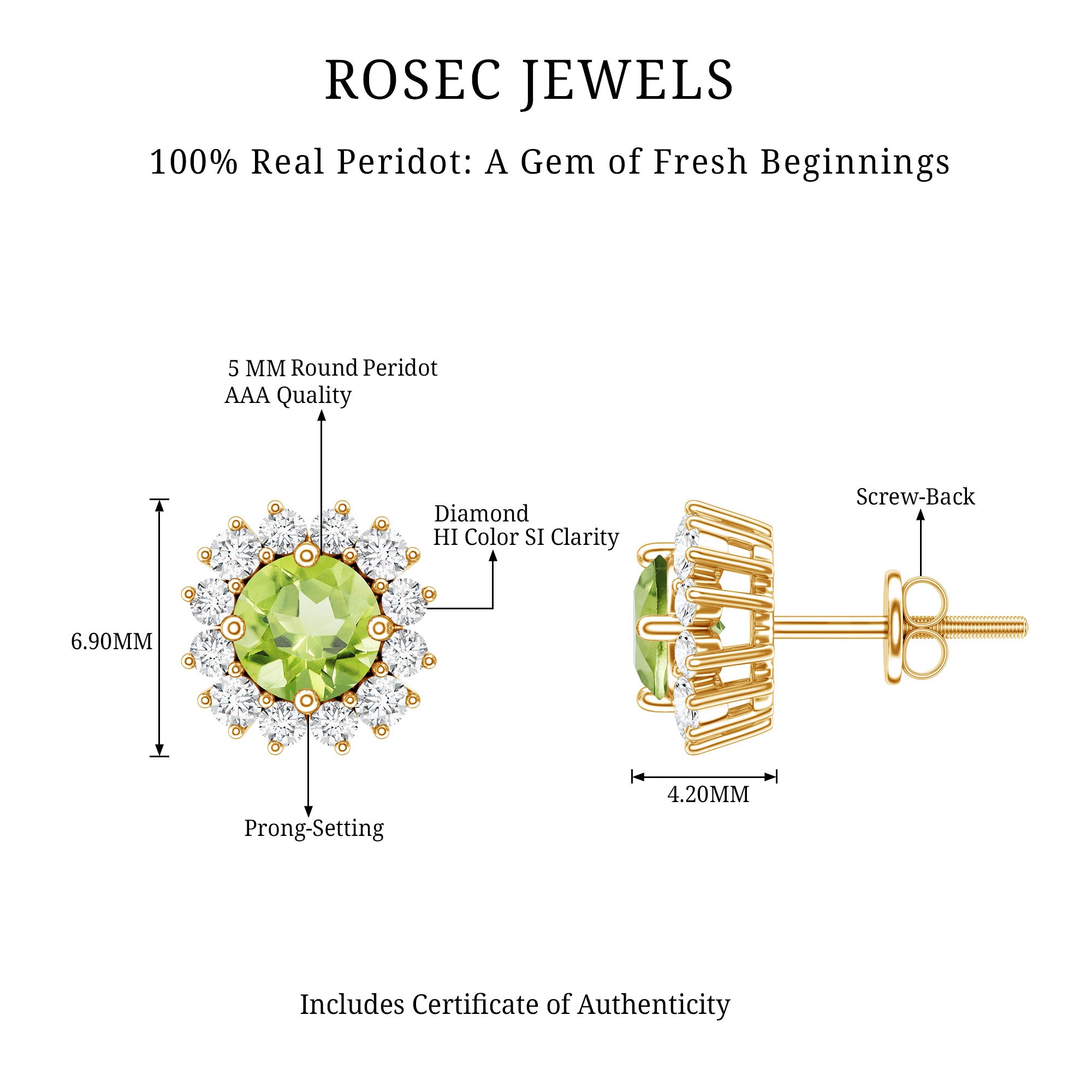 Natural 1 Carat Peridot Earrings with Diamond Halo for Women AAA - Rosec Jewels