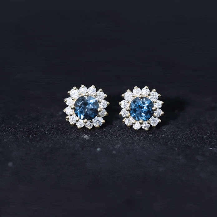 Real London Blue Topaz and Diamond Halo Stud Earrings AAA - Rosec Jewels