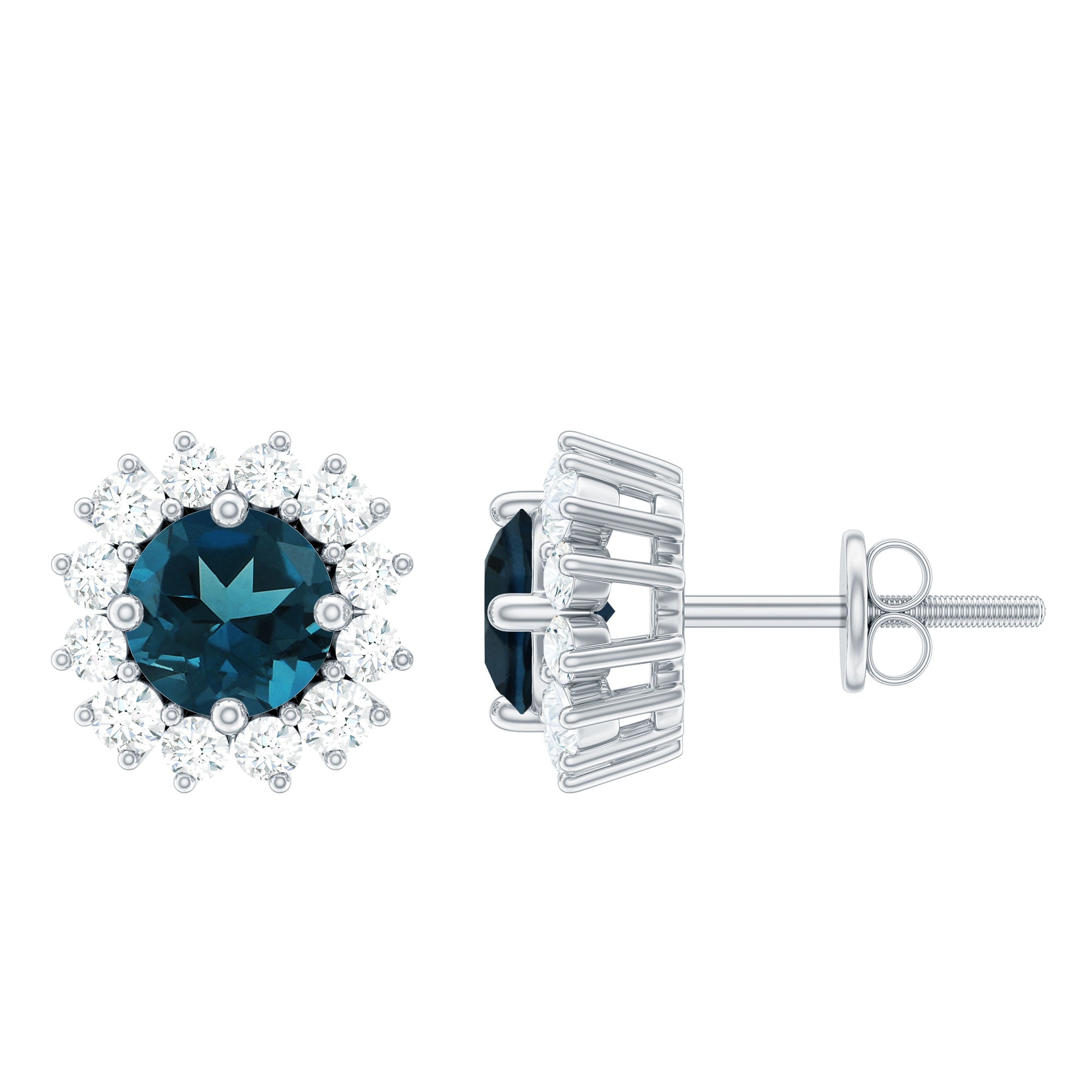 Real London Blue Topaz and Diamond Halo Stud Earrings AAA - Rosec Jewels