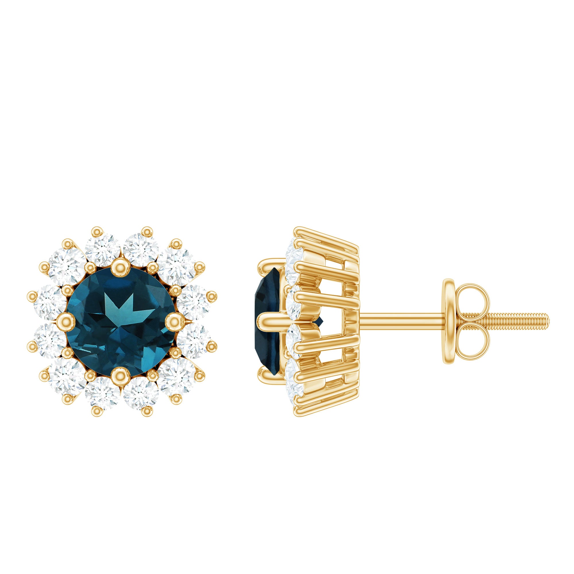 Real London Blue Topaz and Diamond Halo Stud Earrings AAA - Rosec Jewels