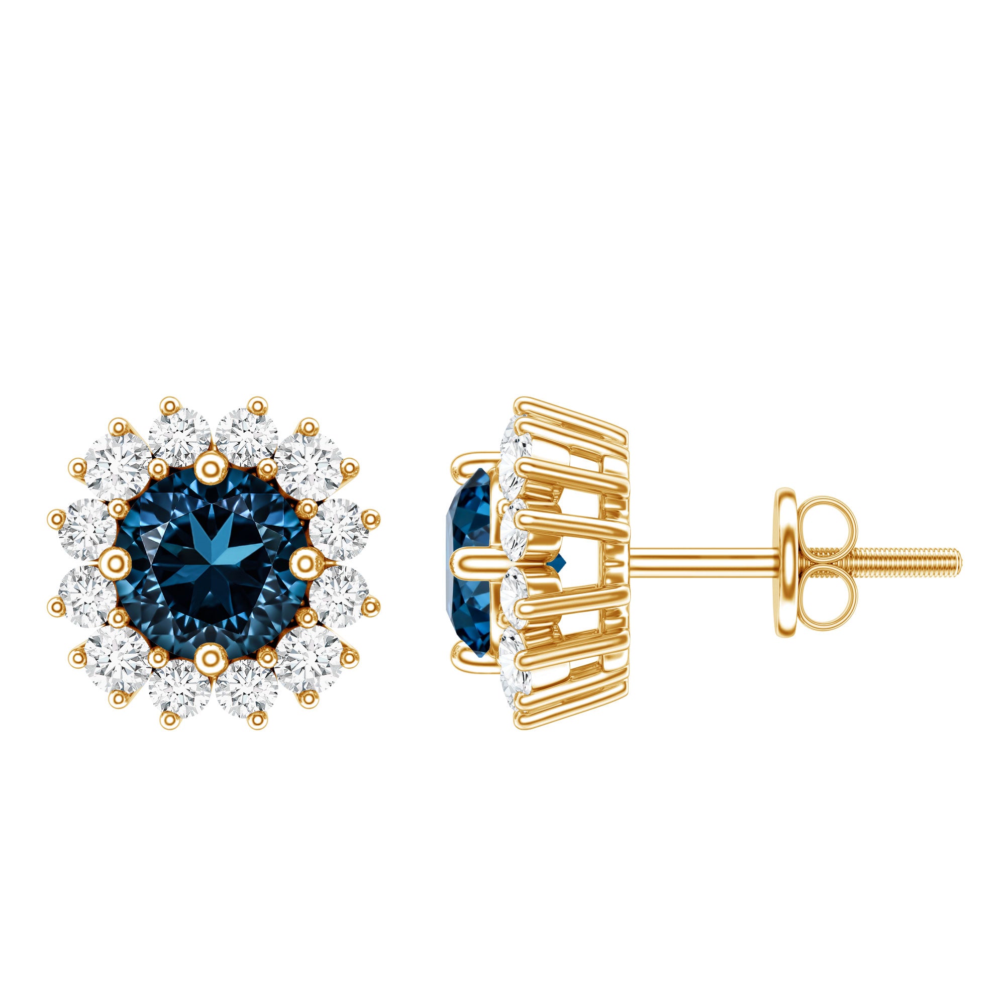 Real London Blue Topaz and Diamond Halo Stud Earrings AAA - Rosec Jewels
