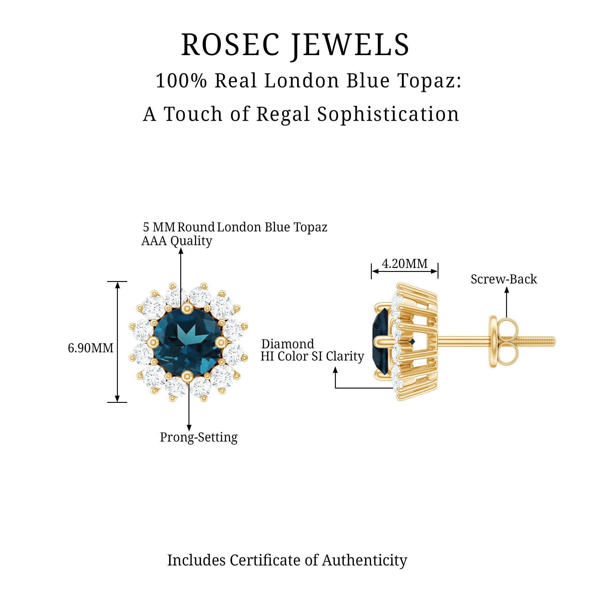 Real London Blue Topaz and Diamond Halo Stud Earrings AAA - Rosec Jewels