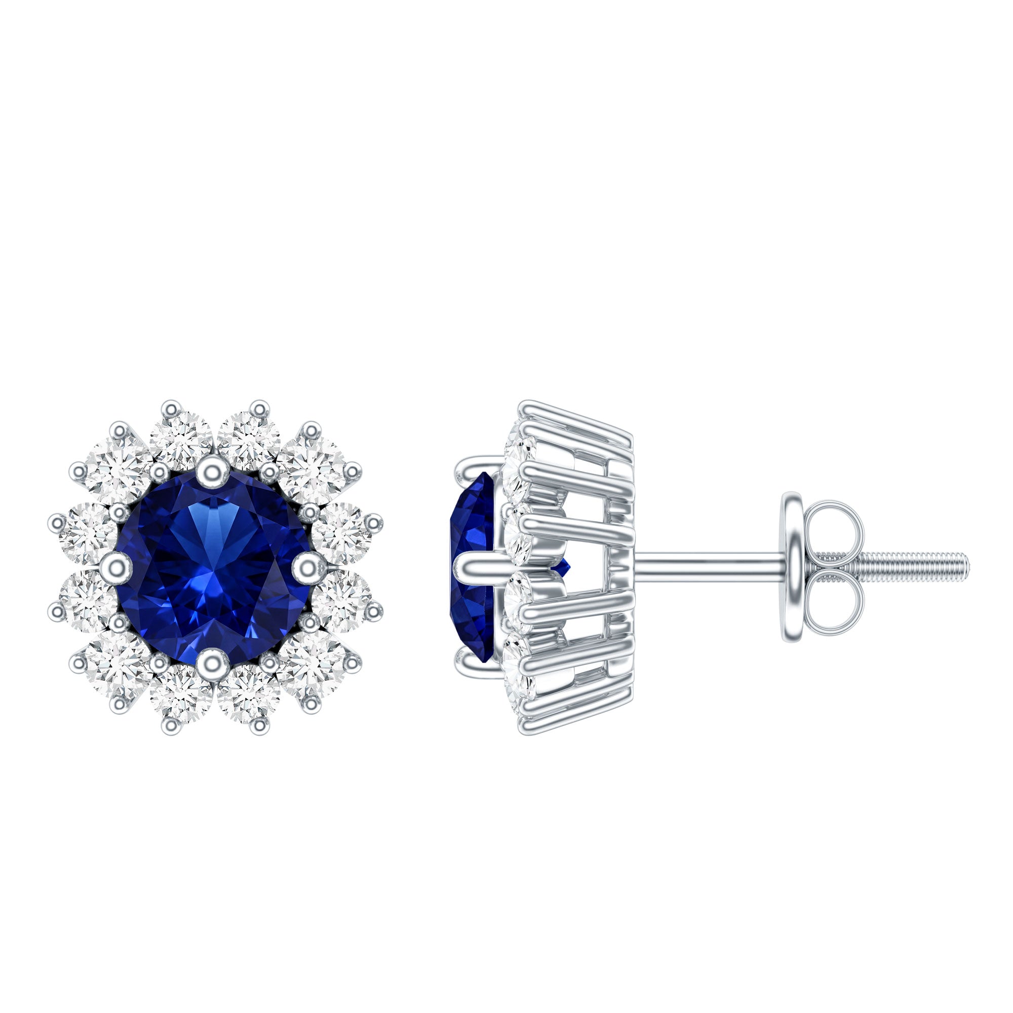 Brilliant Cut Lab Created Blue Sapphire Stud Earrings with Diamond Halo AAAA - Rosec Jewels