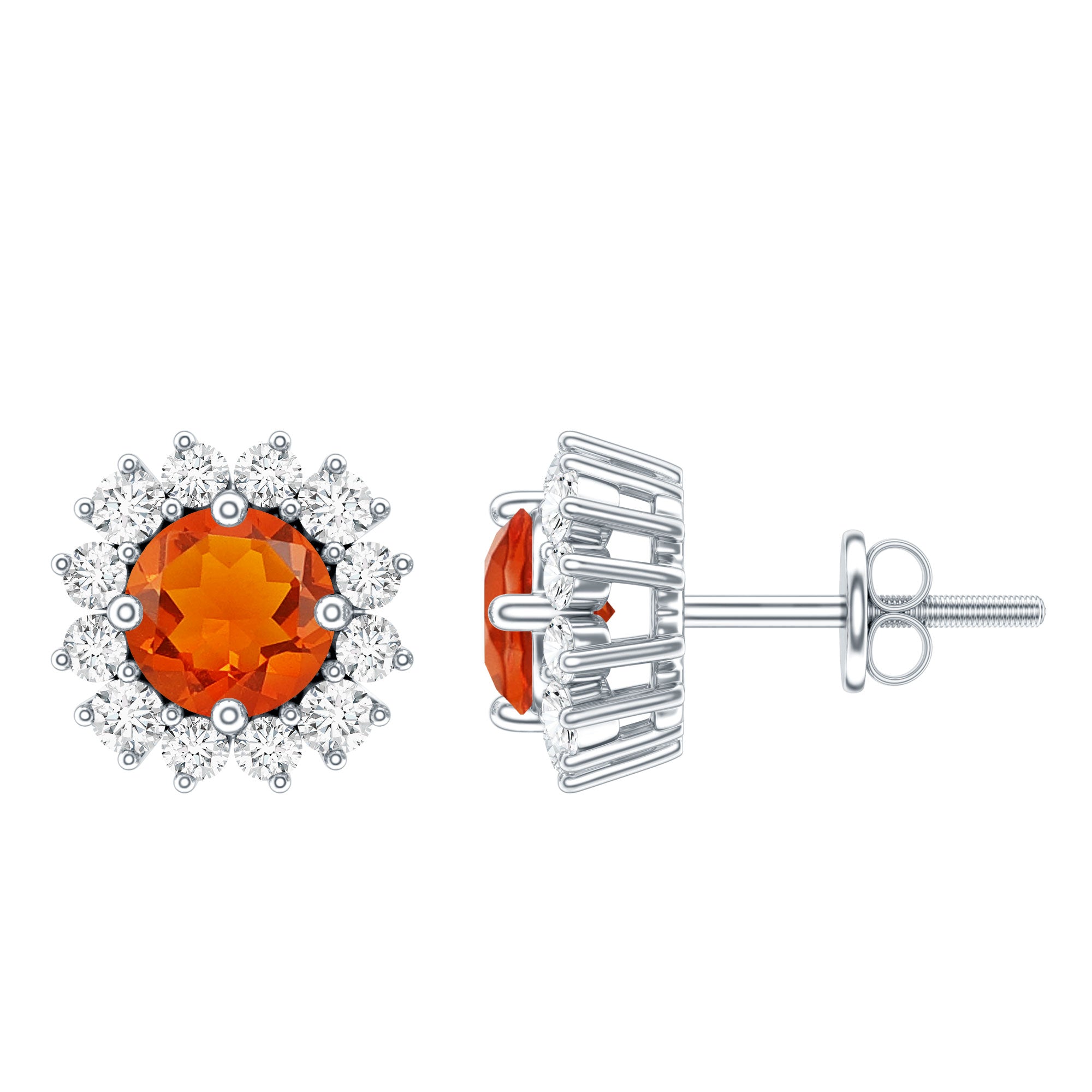 Natural Fire Opal Stud Earrings with Diamond Halo AAA - Rosec Jewels