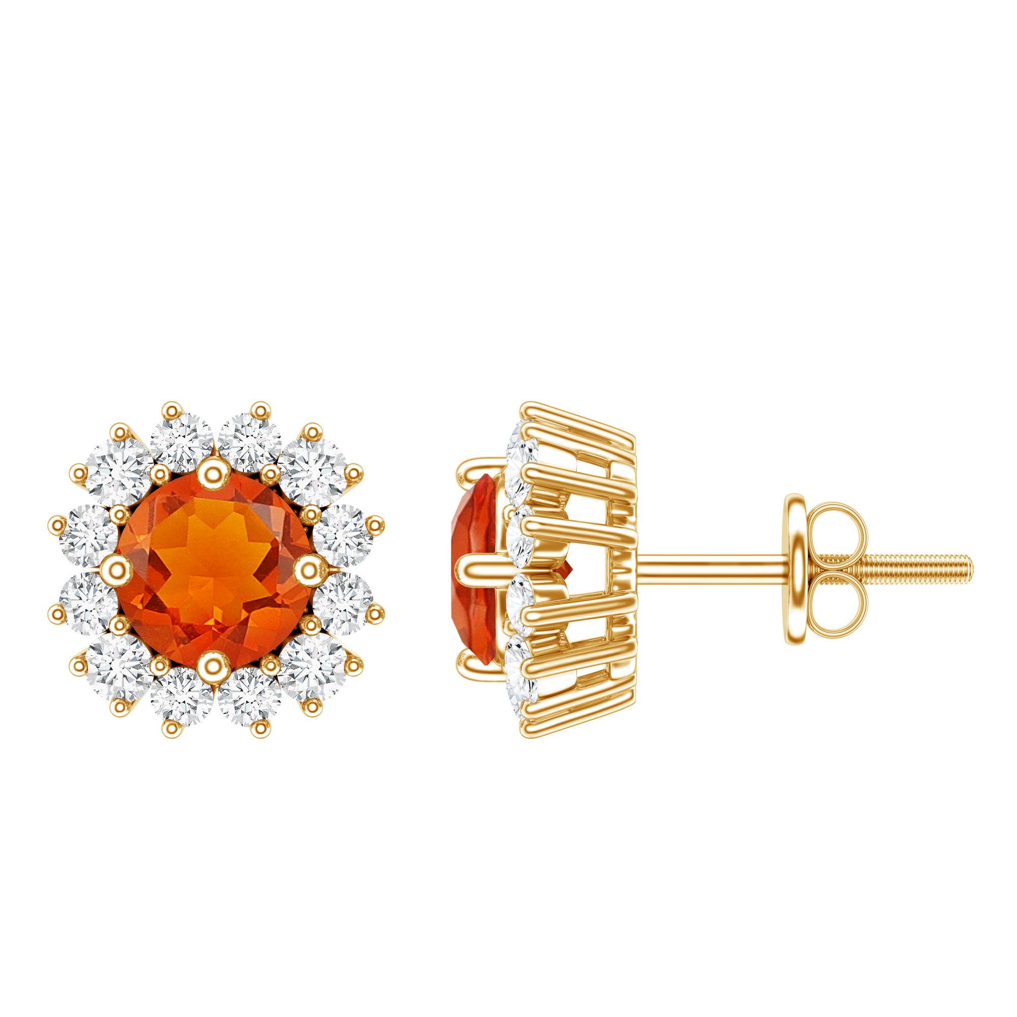 Natural Fire Opal Stud Earrings with Diamond Halo AAA - Rosec Jewels