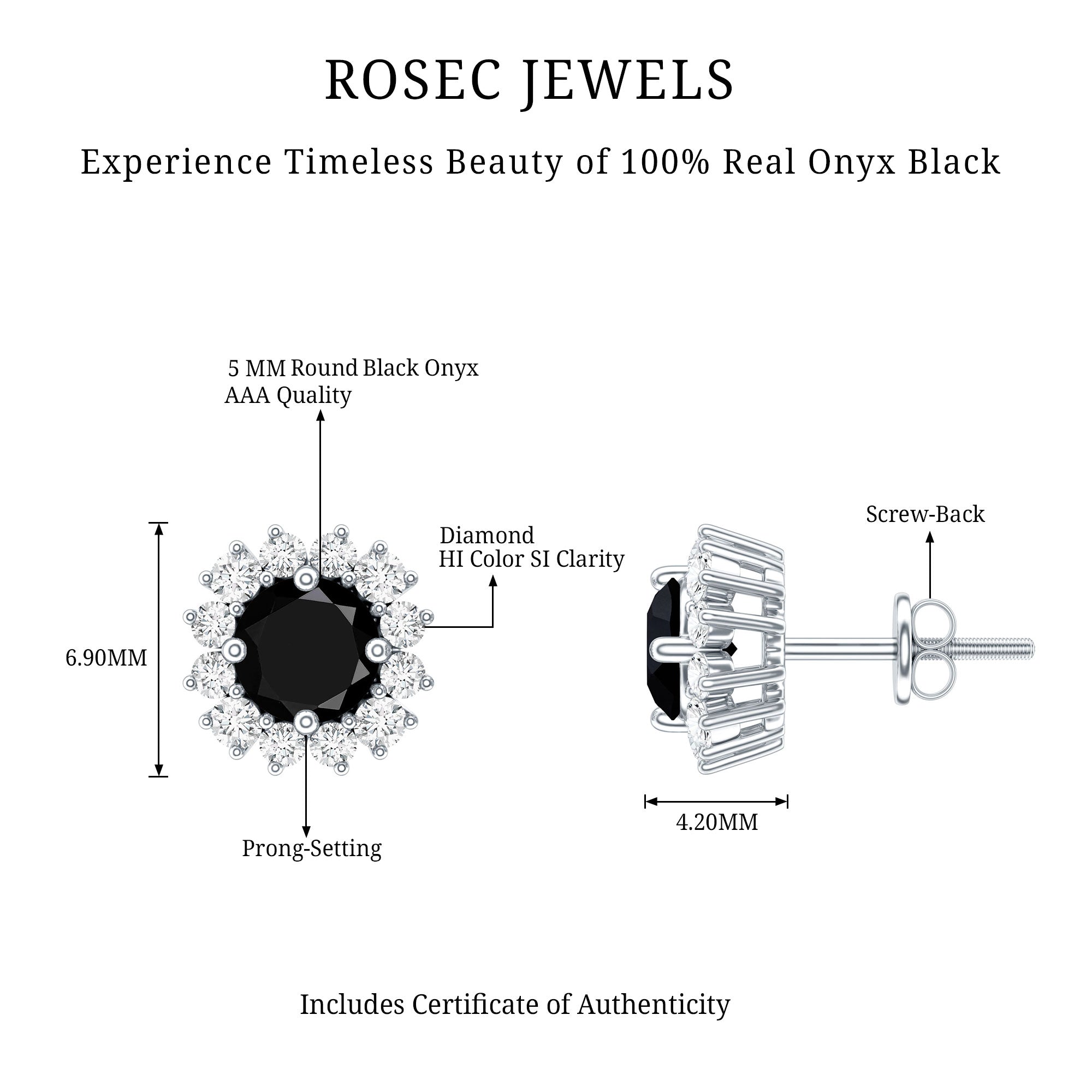 Certified Natural Black Onyx Stud Earrings with Diamond Halo AAA - Rosec Jewels