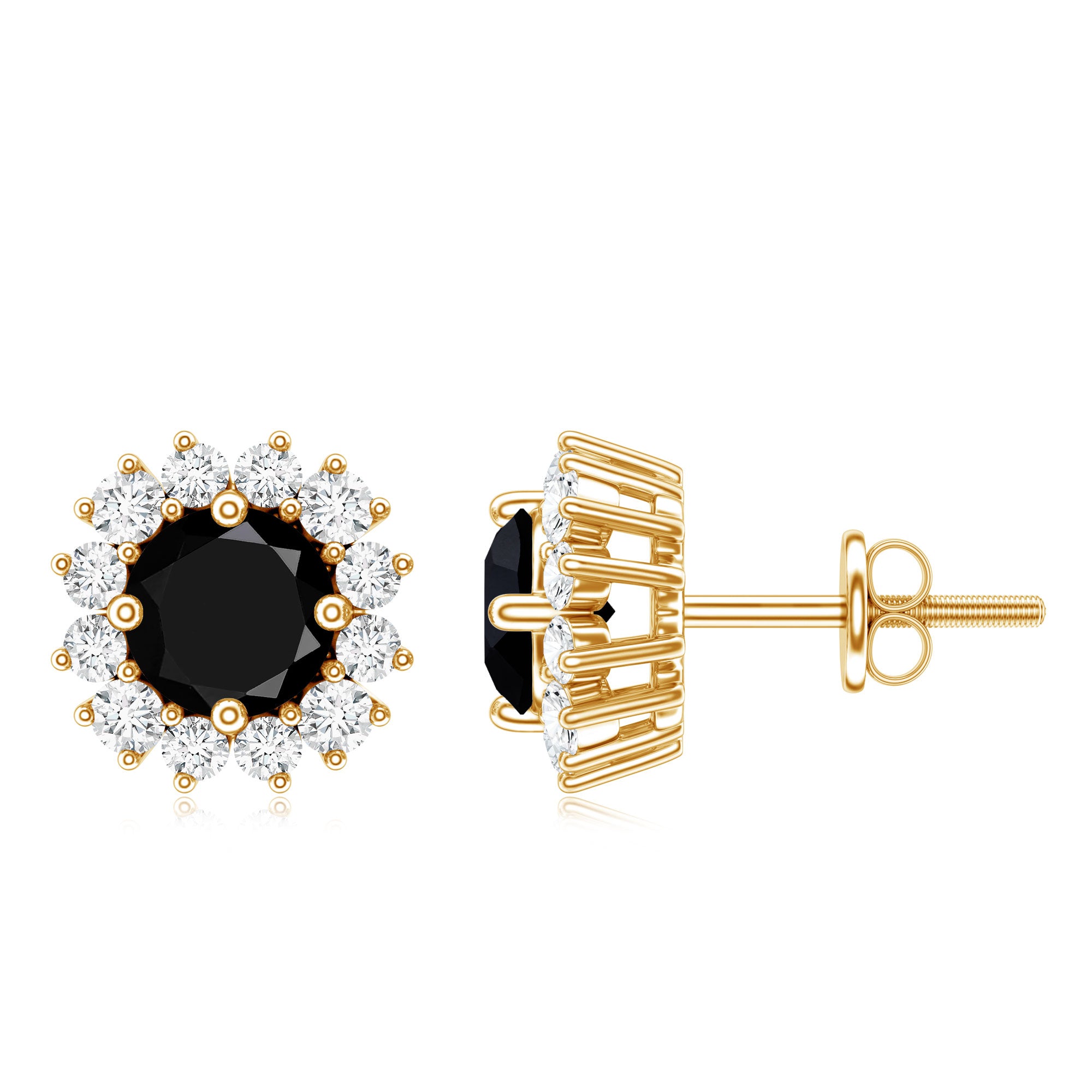 Certified Natural Black Onyx Stud Earrings with Diamond Halo AAA - Rosec Jewels