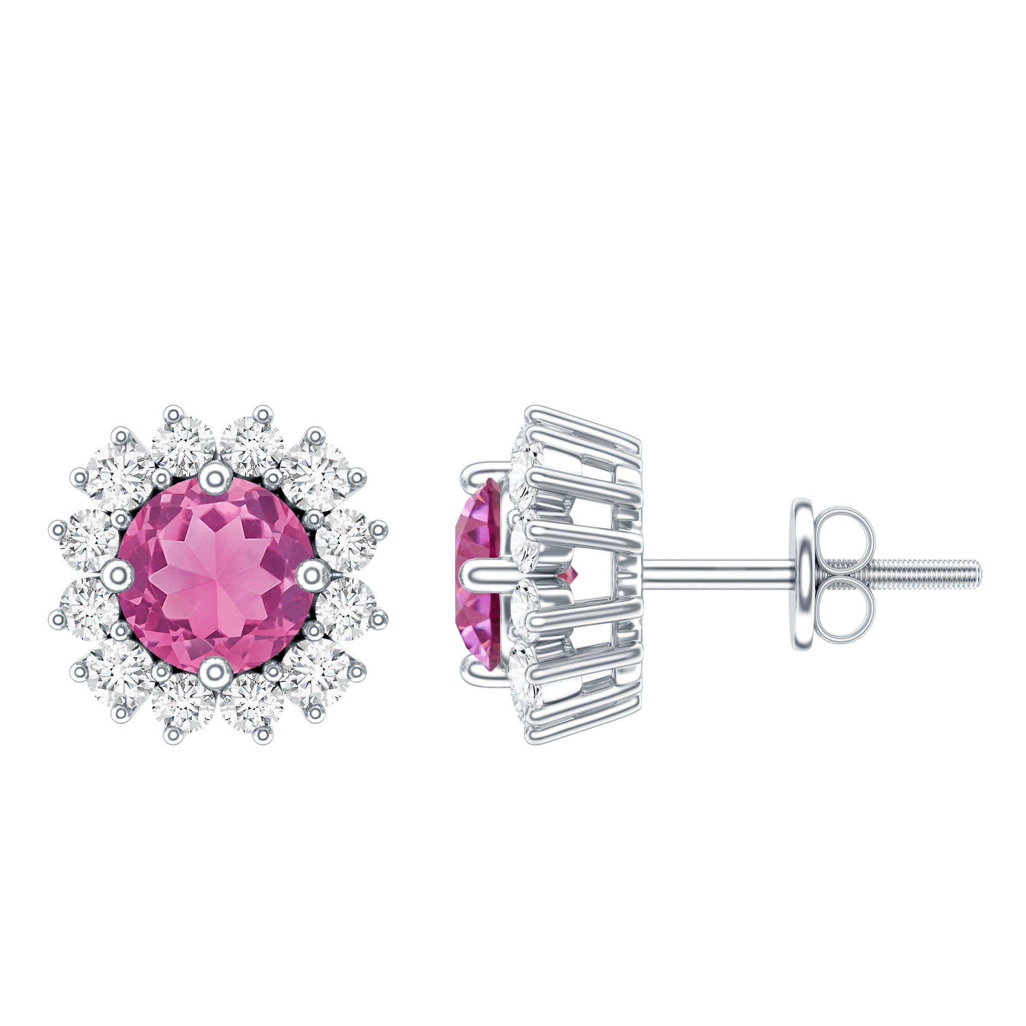 Genuine Pink Tourmaline and Diamond Halo Stud Earrings AAA - Rosec Jewels