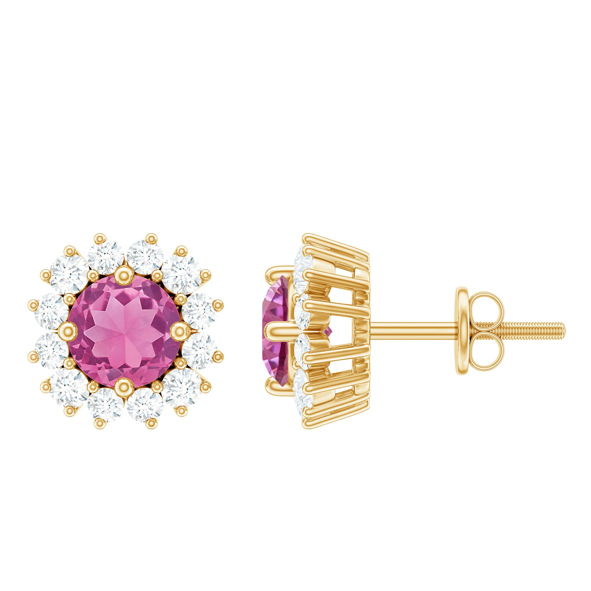 Genuine Pink Tourmaline and Diamond Halo Stud Earrings AAA - Rosec Jewels