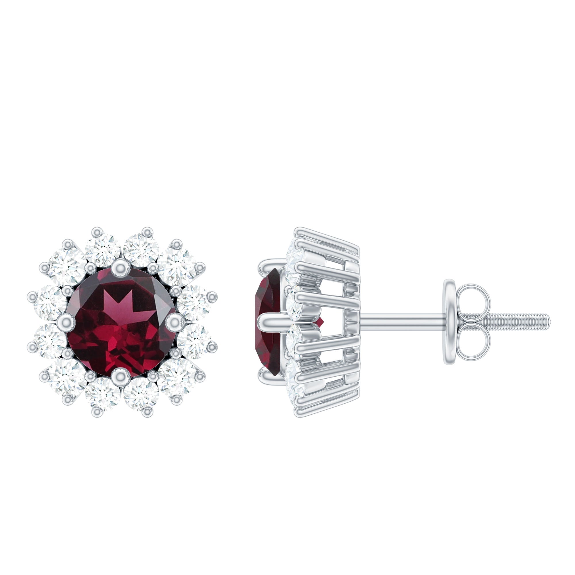 1 CT Round Rhodolite and Diamond Halo Stud Earrings