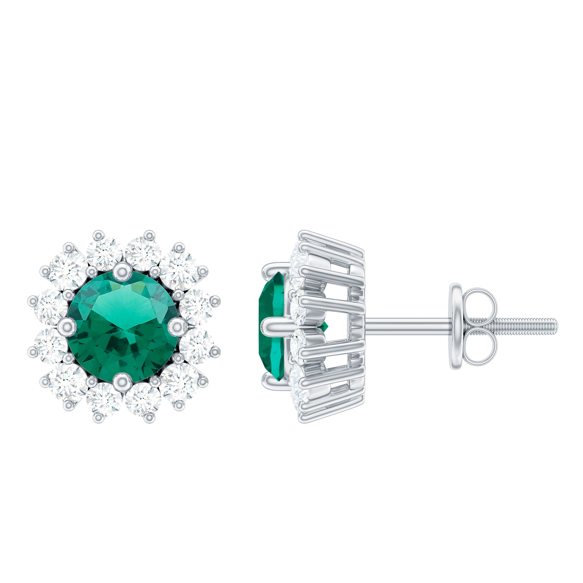 Classic Created Emerald and Diamond Halo Stud Earrings Lab Created Emerald - ( AAAA ) - Quality - Rosec Jewels