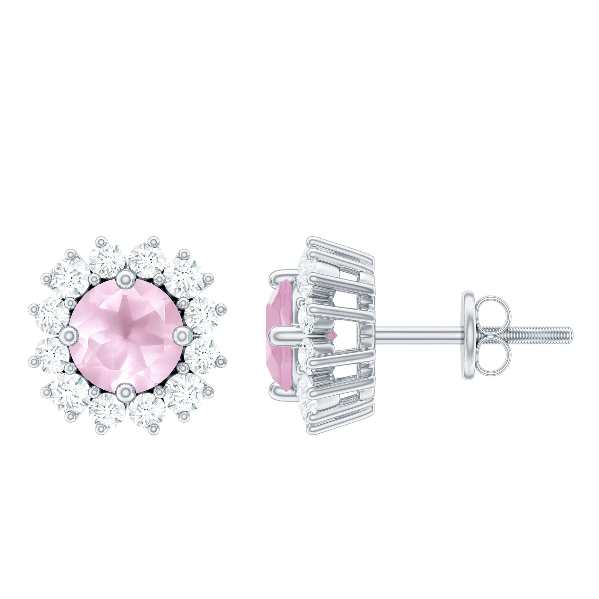 1.75 CT Rose Quartz and Diamond Classic Halo Stud Earrings