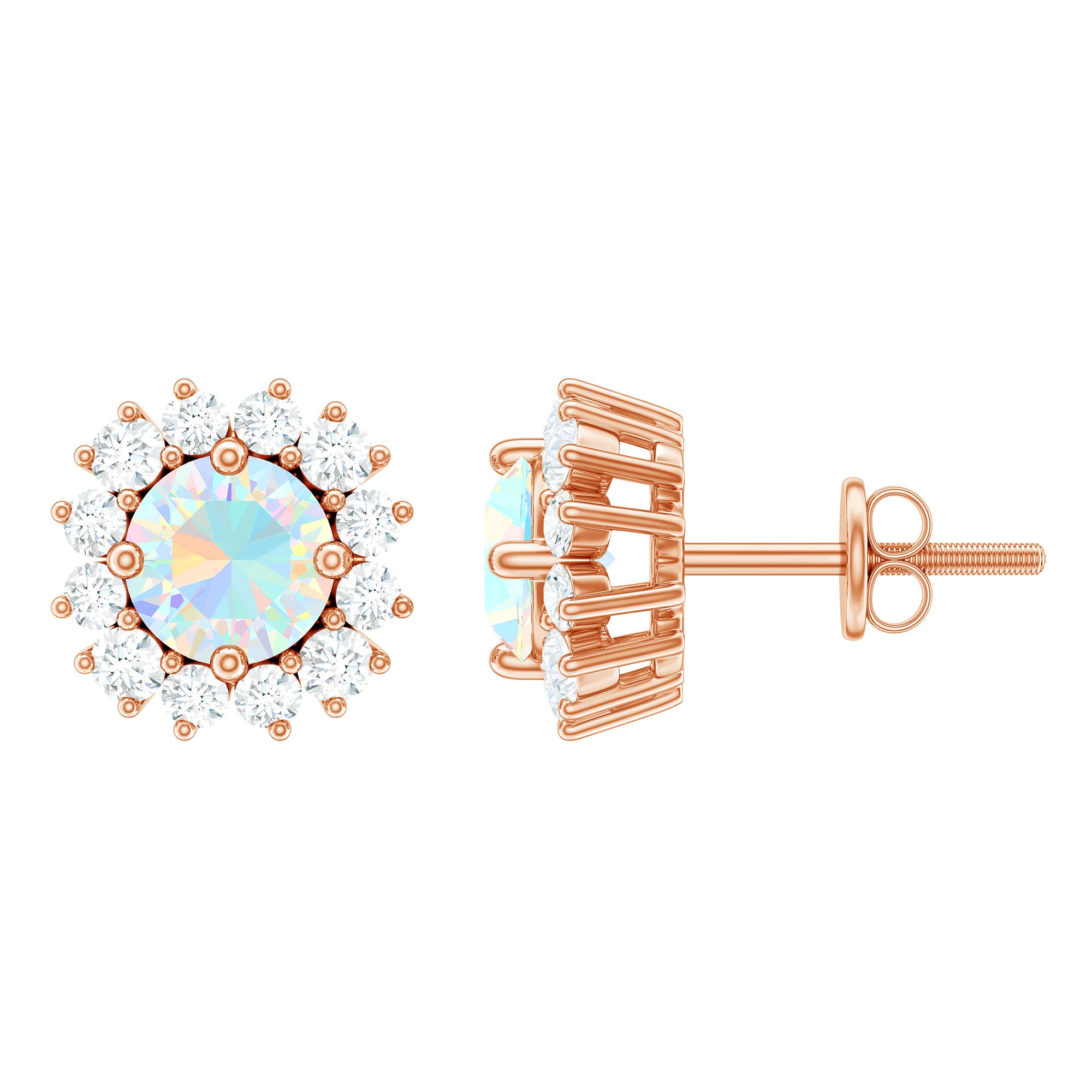 1 CT Ethiopian Opal and Diamond Halo Stud Earrings AAA - Rosec Jewels