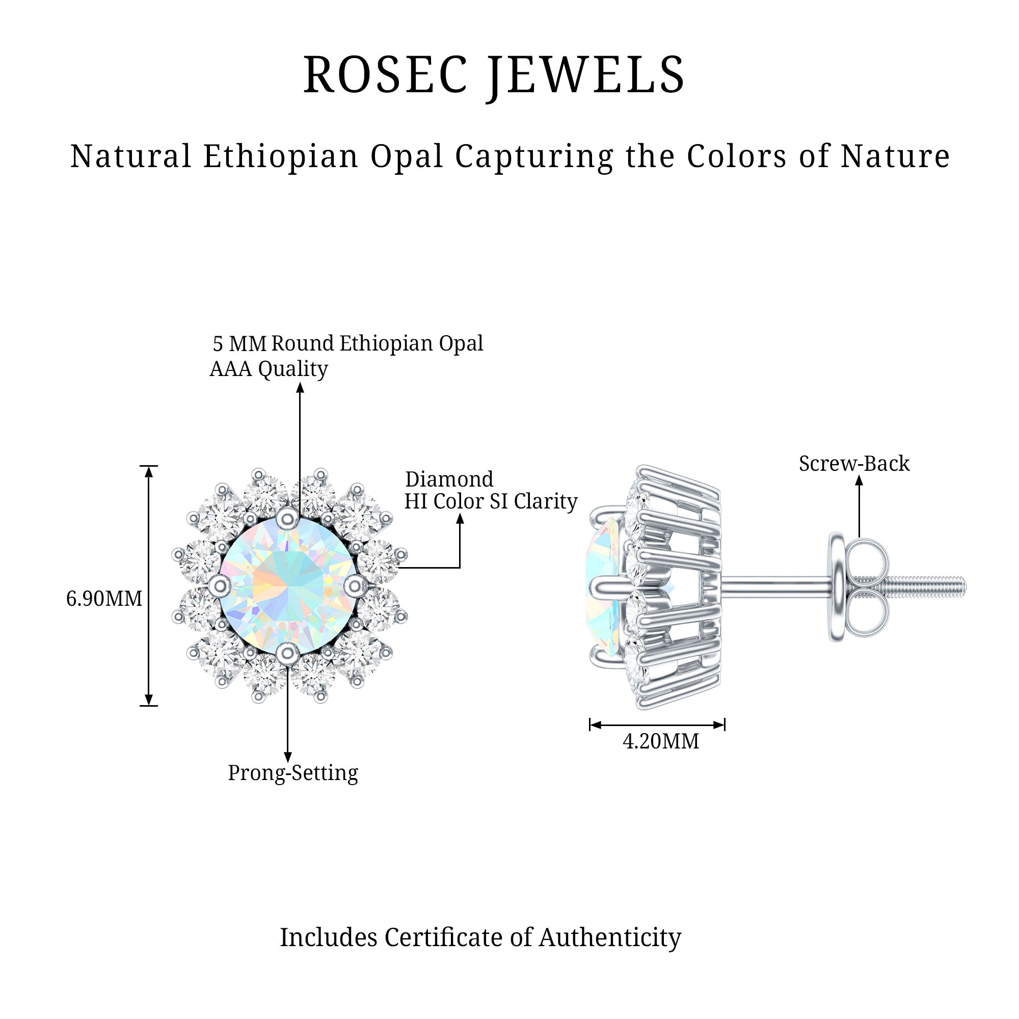1 CT Ethiopian Opal and Diamond Halo Stud Earrings AAA - Rosec Jewels