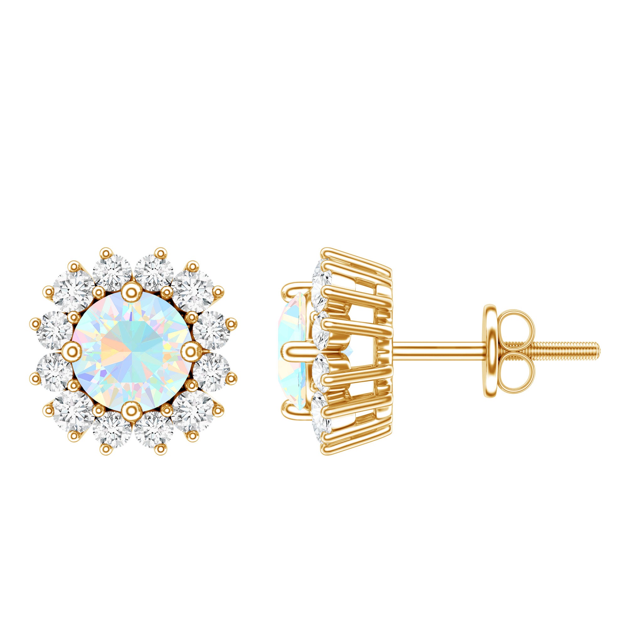 1 CT Ethiopian Opal and Diamond Halo Stud Earrings AAA - Rosec Jewels