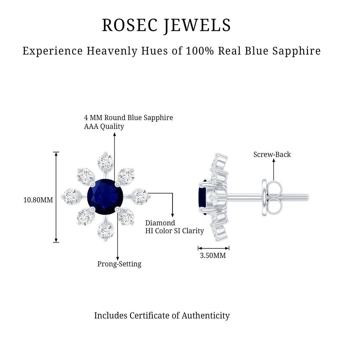 Real Blue Sapphire Snowflake Earrings with Diamond AAA - Rosec Jewels