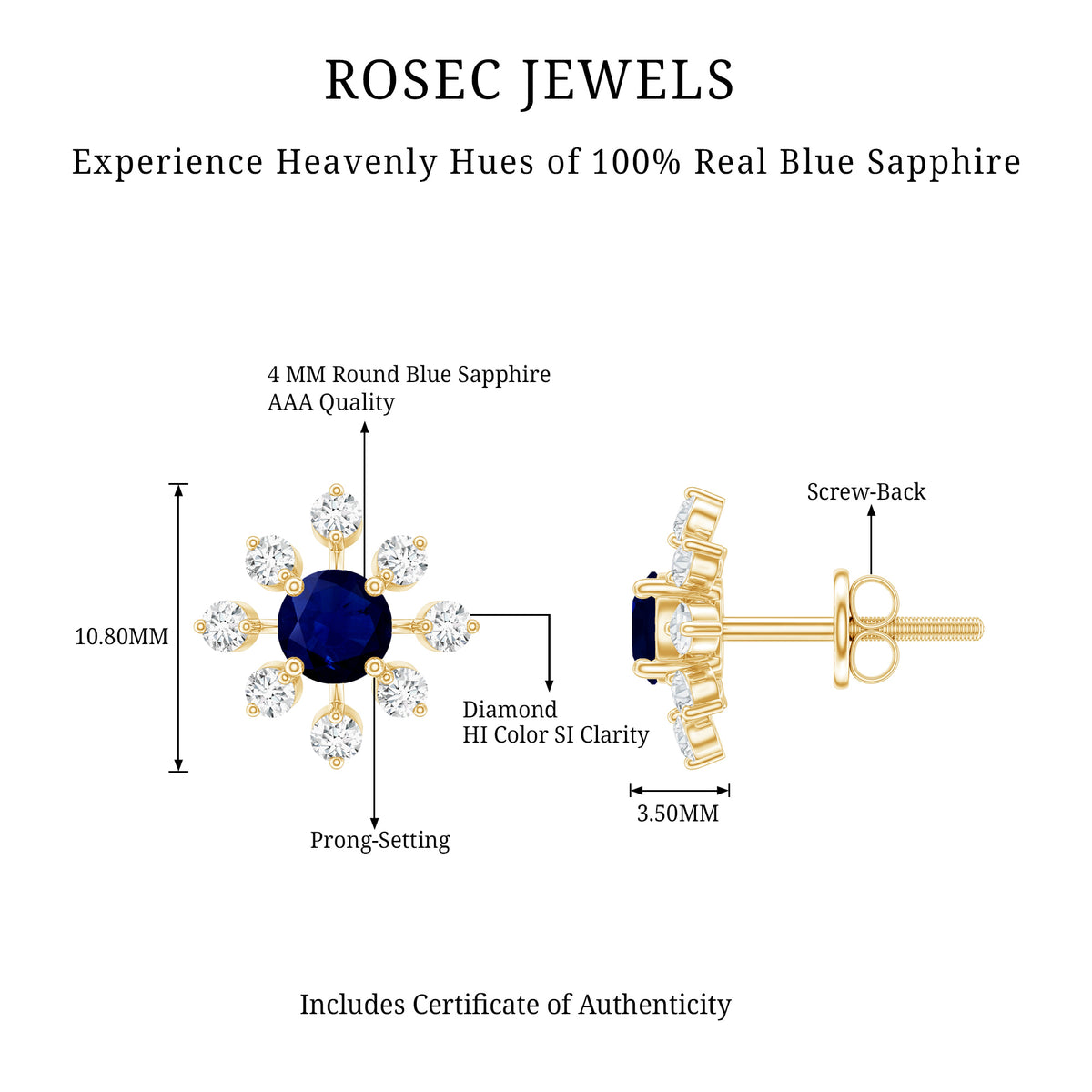 Real Blue Sapphire Snowflake Earrings with Diamond AAA - Rosec Jewels
