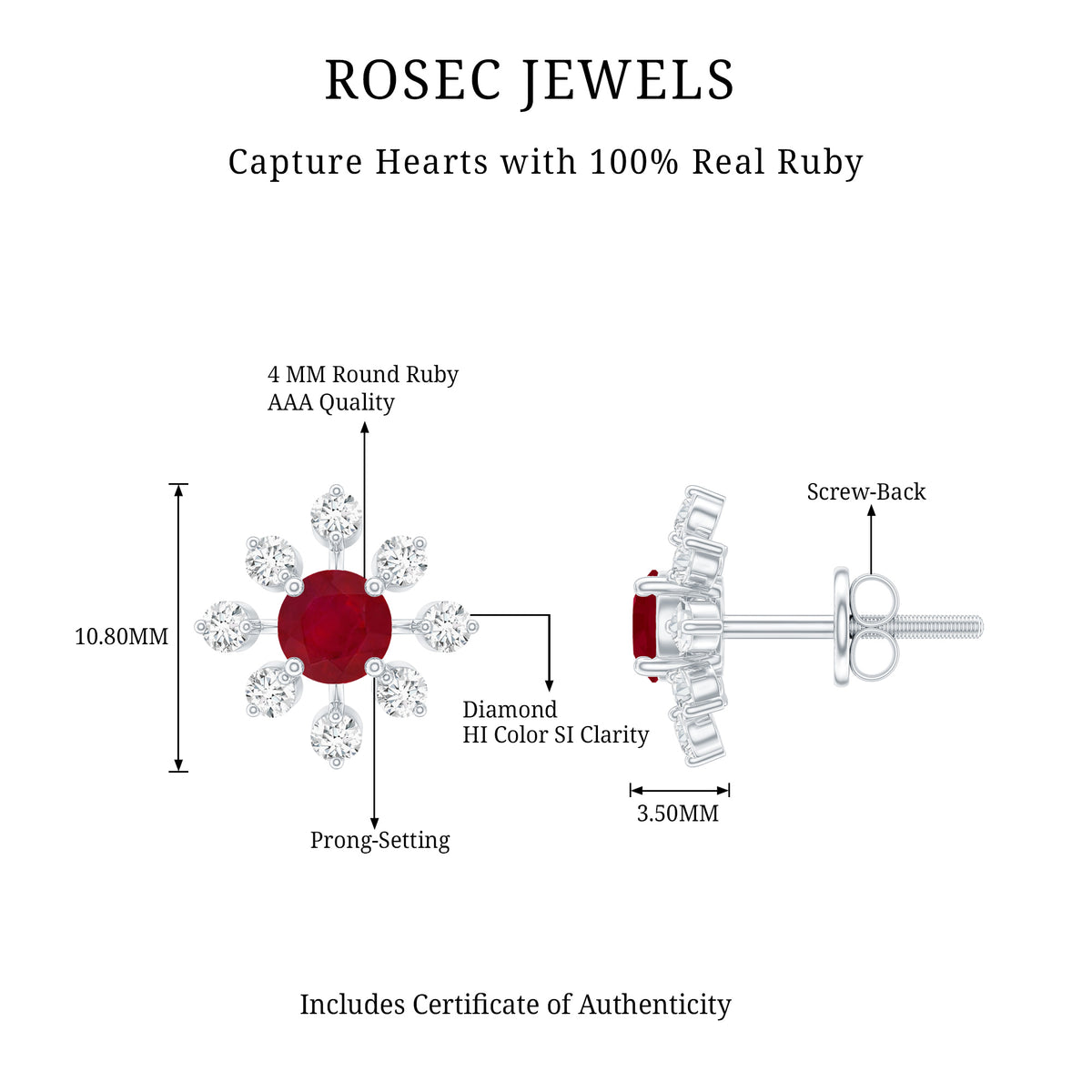 Natural Ruby Flower Stud Earrings with Diamond for Women AAA - Rosec Jewels