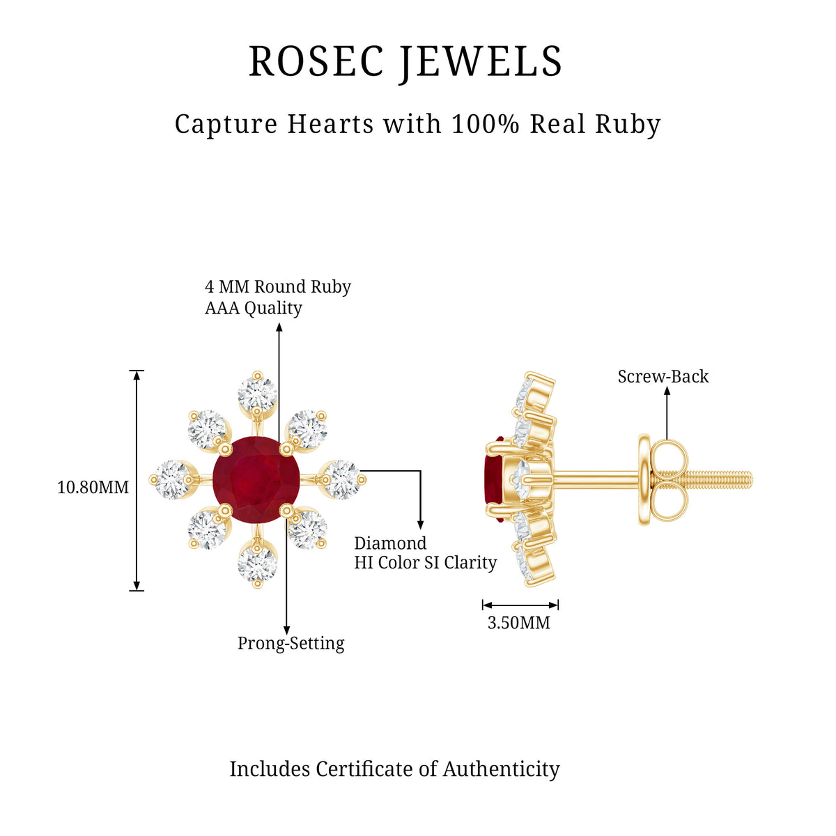Natural Ruby Flower Stud Earrings with Diamond for Women AAA - Rosec Jewels