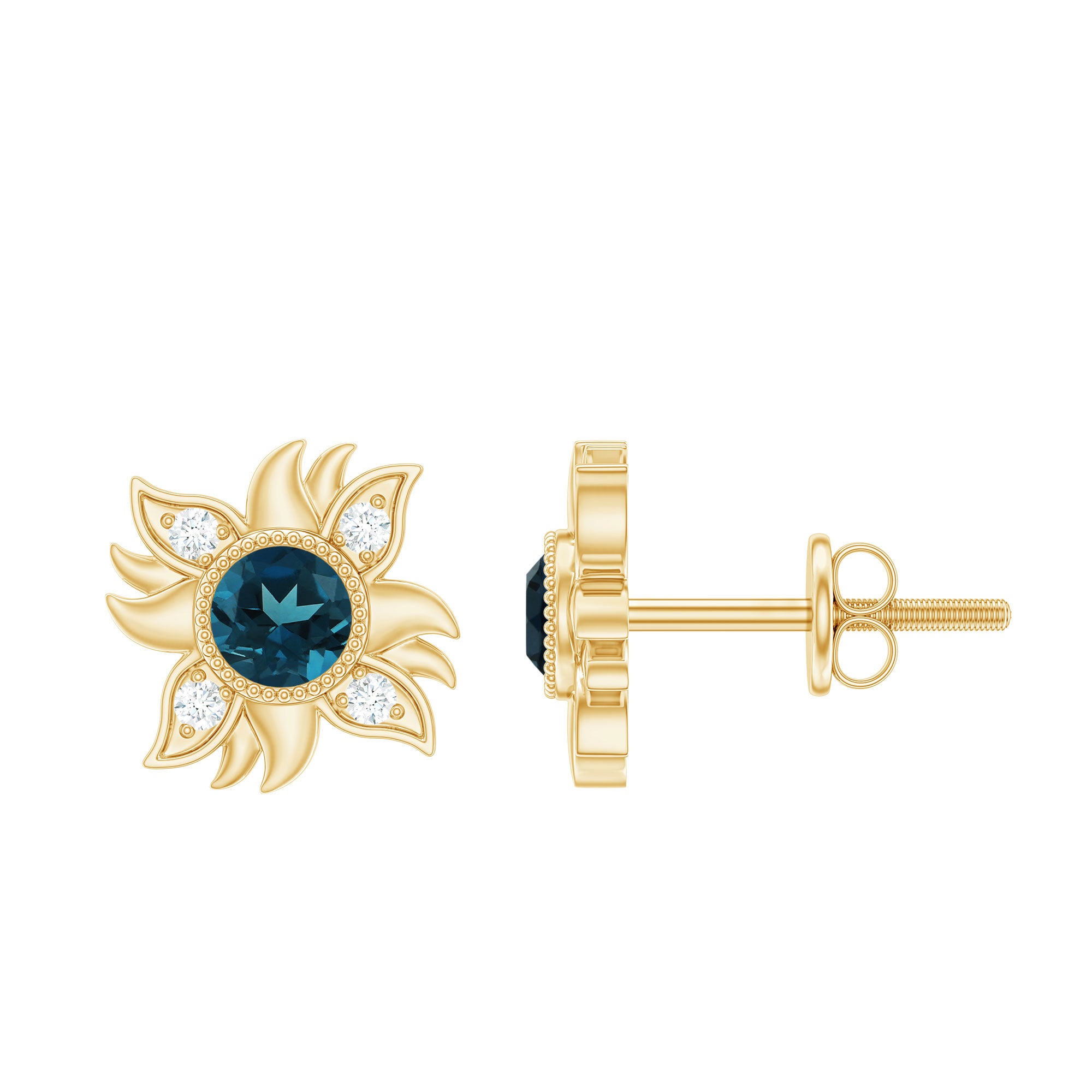 London Blue Topaz and Diamond Sunburst Stud Earrings AAA - Rosec Jewels