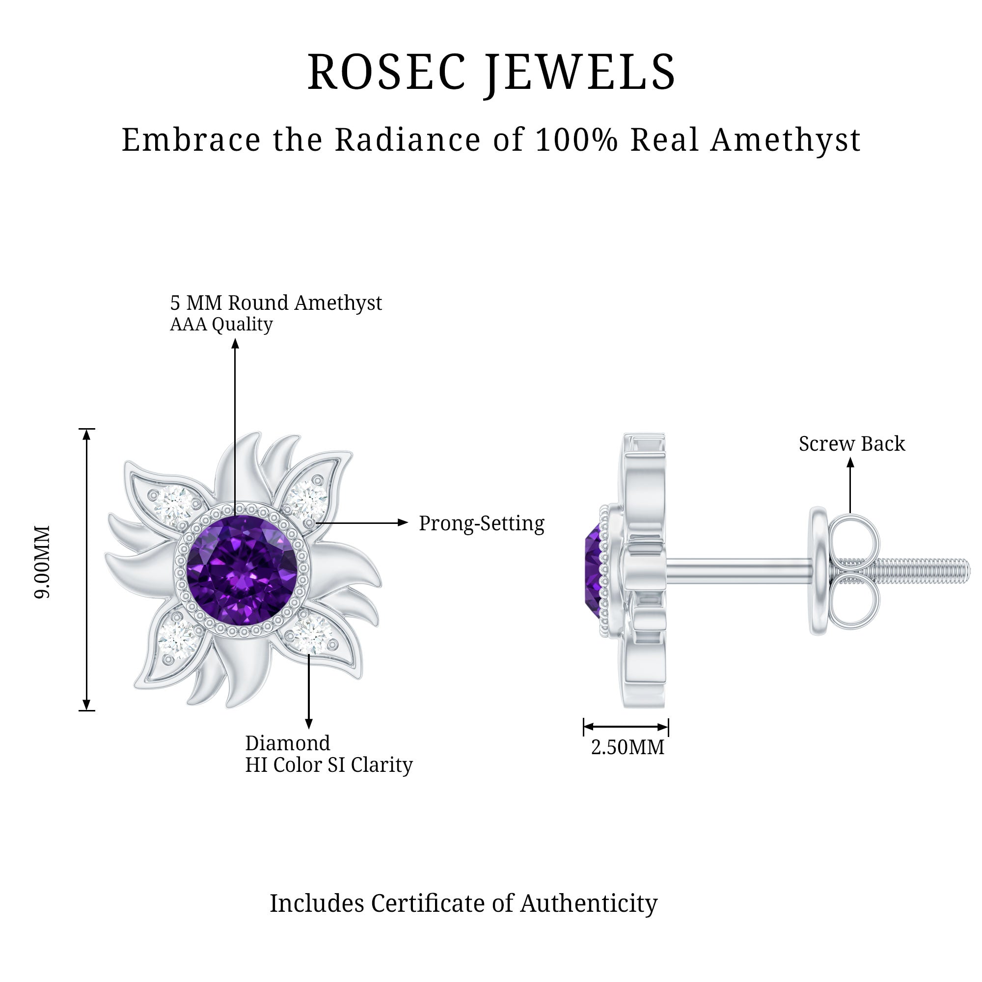 0.9 Carat Round Shape Amethyst and Diamond Sunburst Stud Earrings AAA - Rosec Jewels