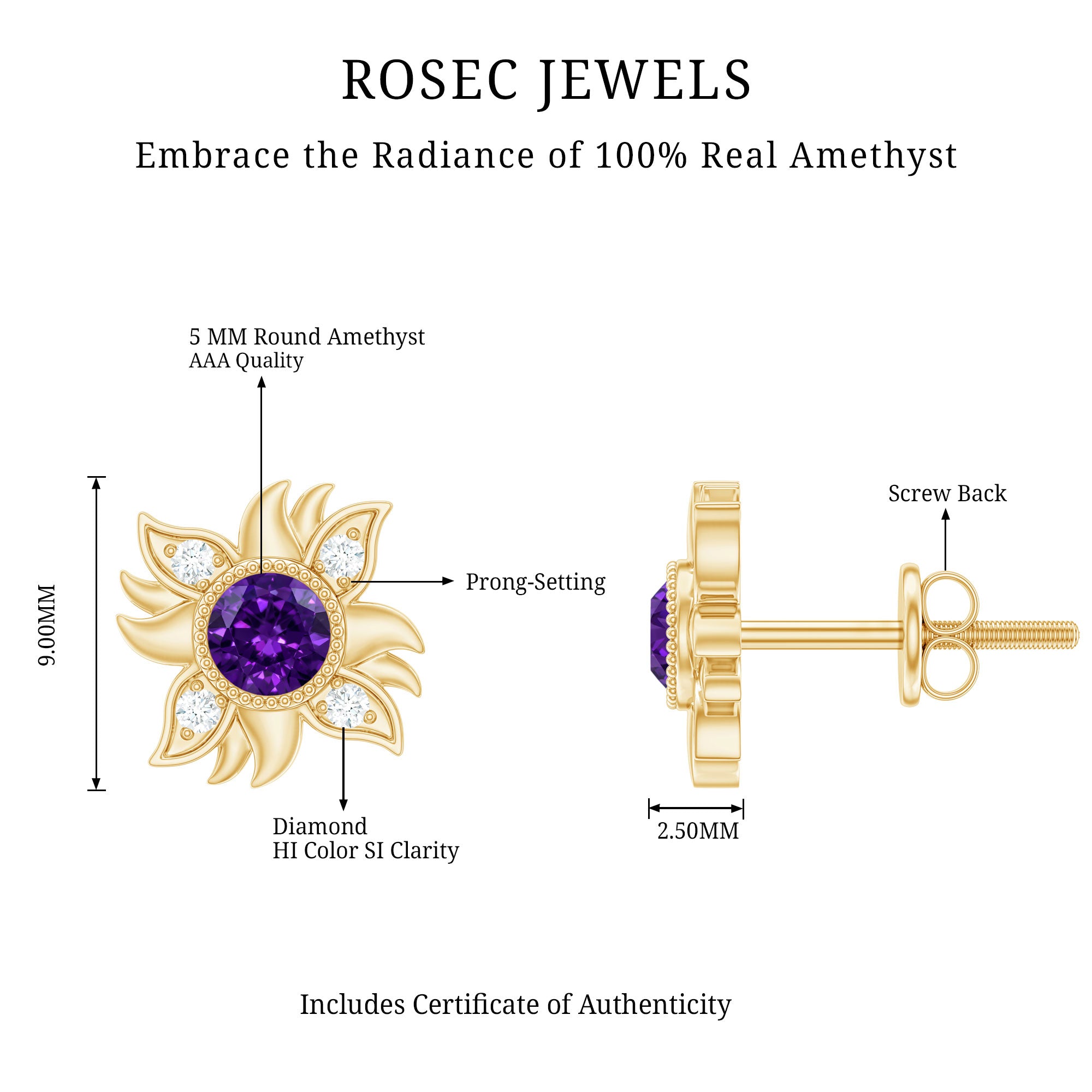 0.9 Carat Round Shape Amethyst and Diamond Sunburst Stud Earrings AAA - Rosec Jewels