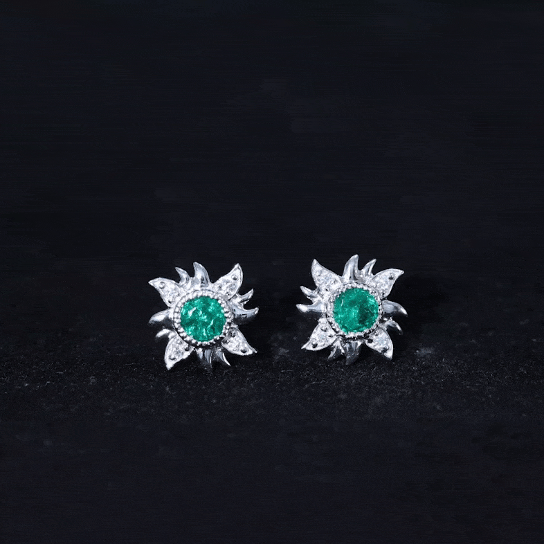 1 Carat Round Emerald and Diamond Sunburst Stud Earrings AAA - Rosec Jewels