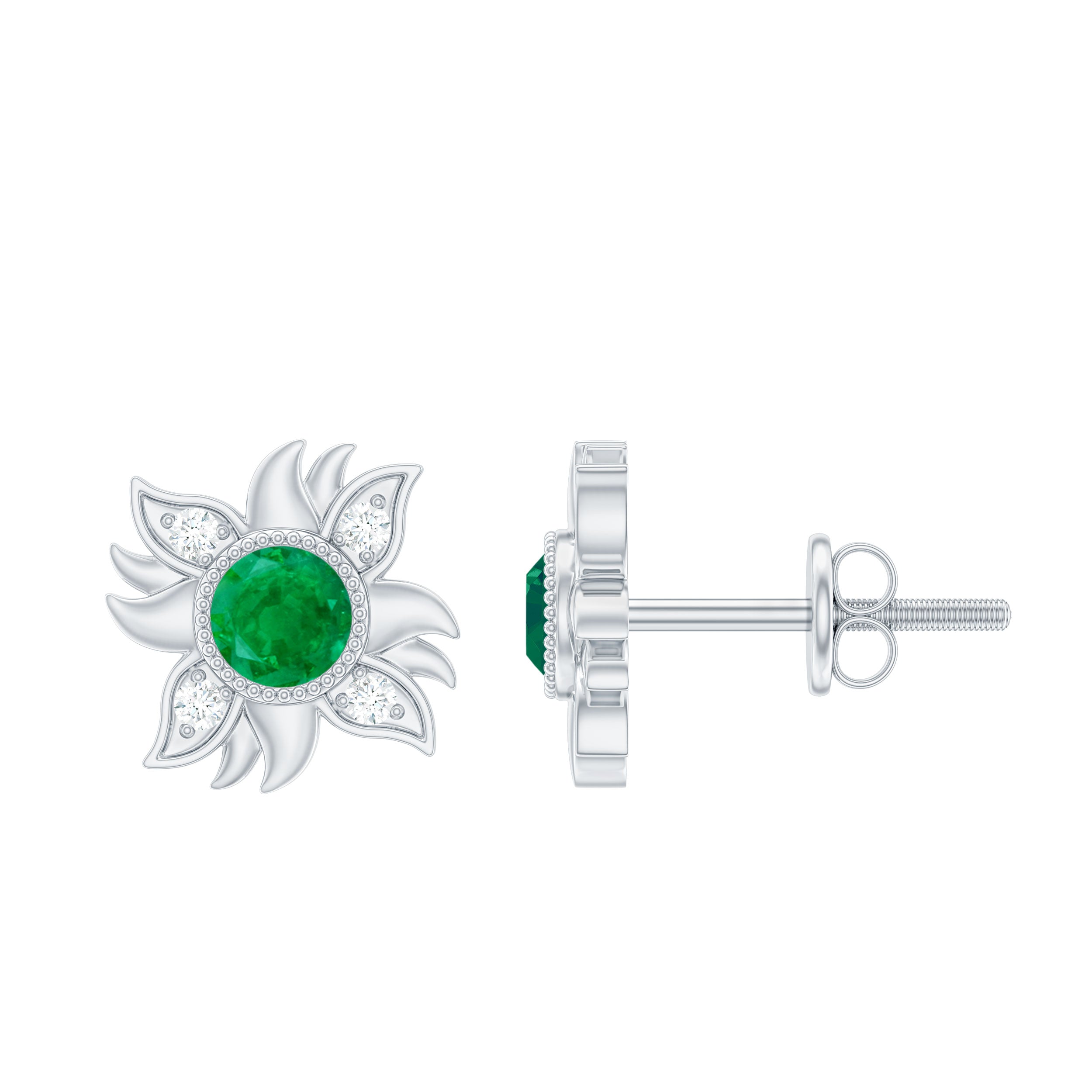 1 Carat Round Emerald and Diamond Sunburst Stud Earrings AAA - Rosec Jewels