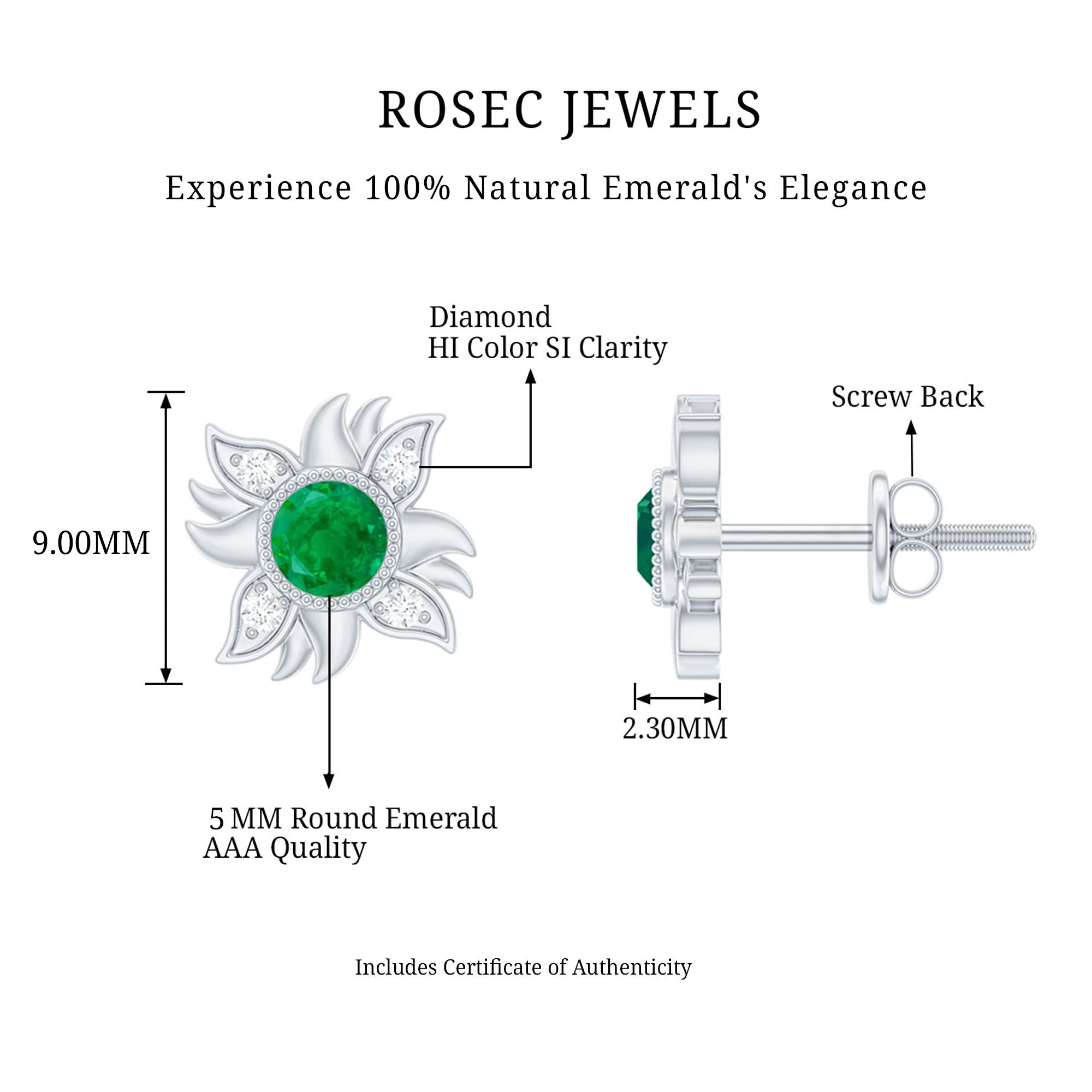 1 Carat Round Emerald and Diamond Sunburst Stud Earrings AAA - Rosec Jewels