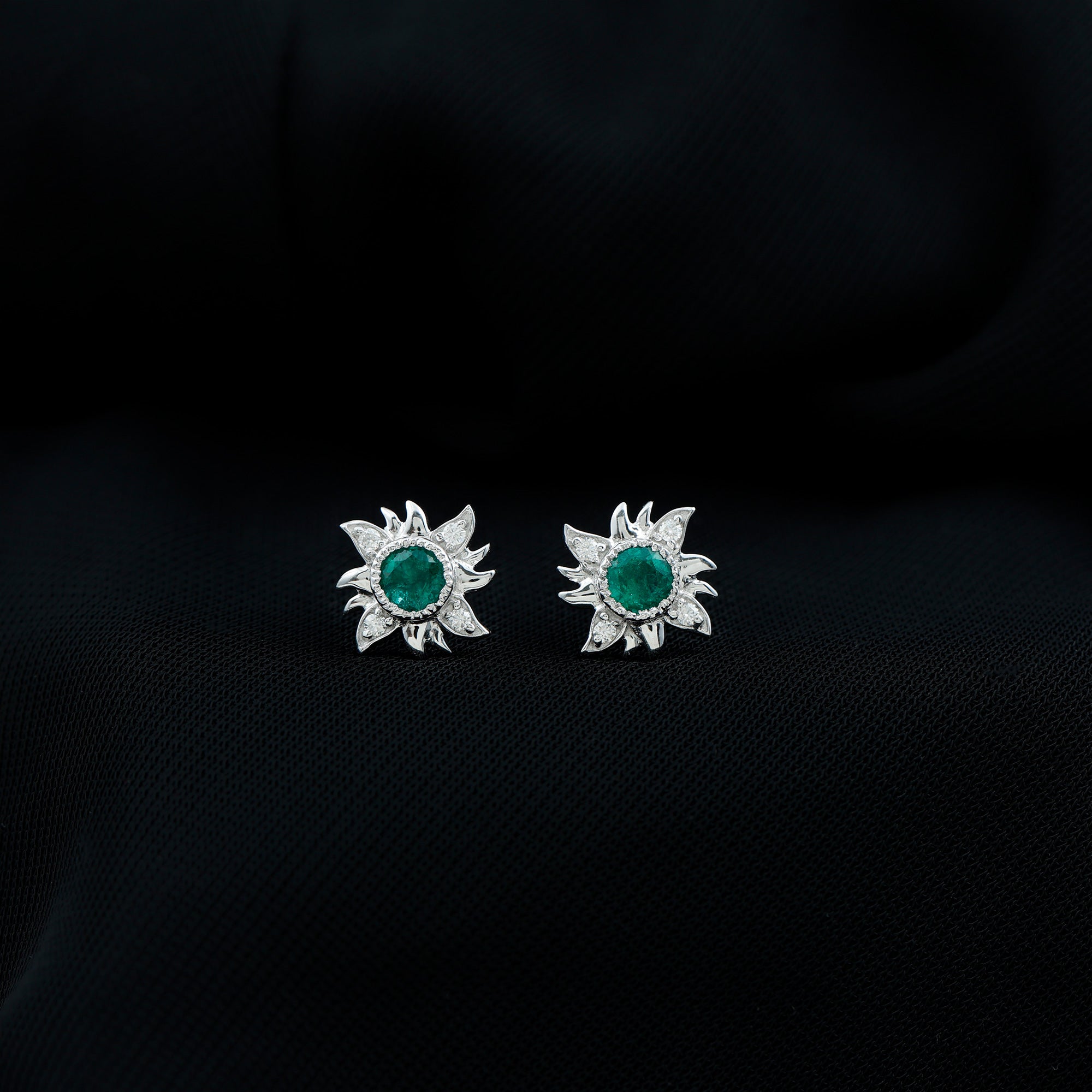 1 Carat Round Emerald and Diamond Sunburst Stud Earrings AAA - Rosec Jewels