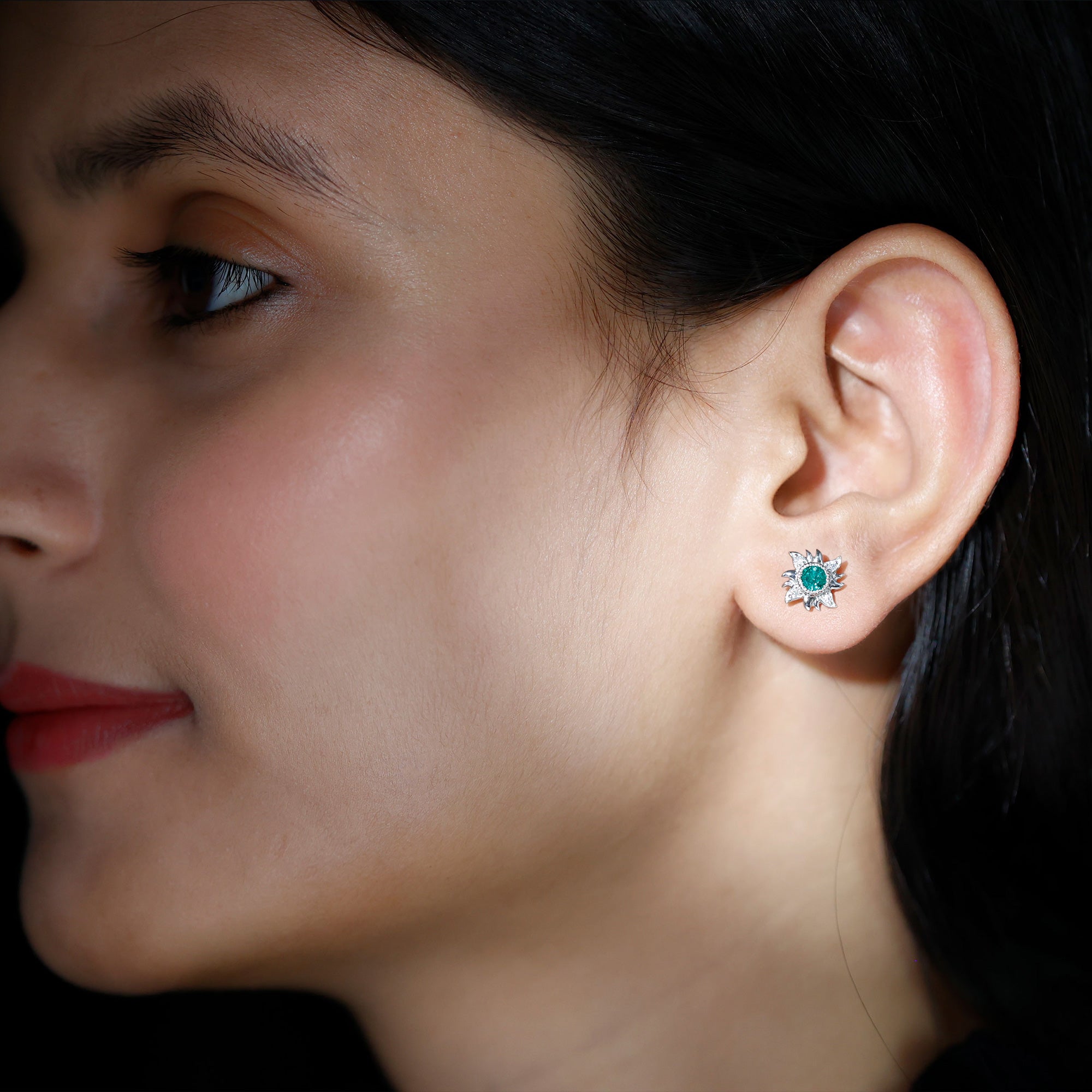 1 Carat Round Emerald and Diamond Sunburst Stud Earrings AAA - Rosec Jewels