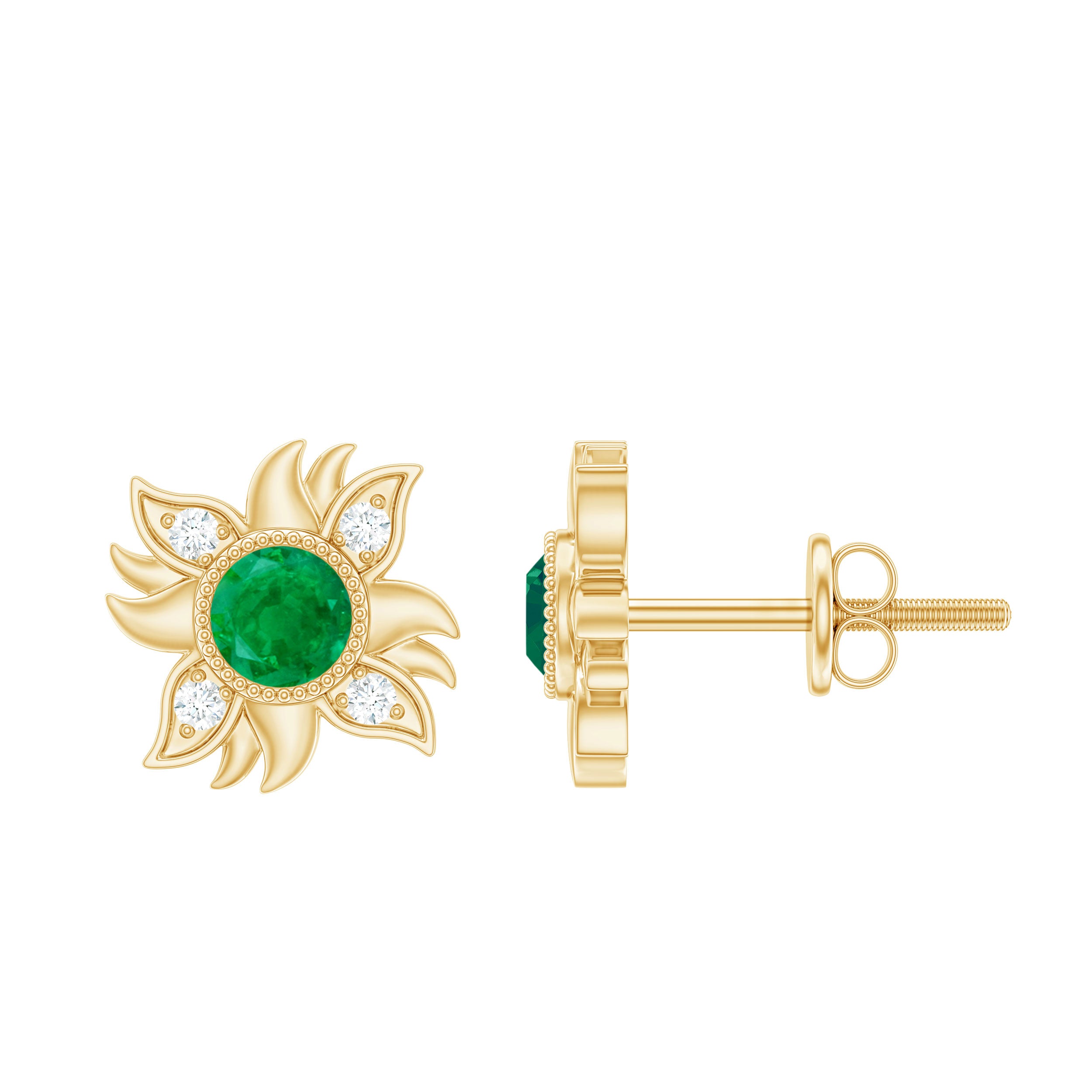 1 Carat Round Emerald and Diamond Sunburst Stud Earrings AAA - Rosec Jewels