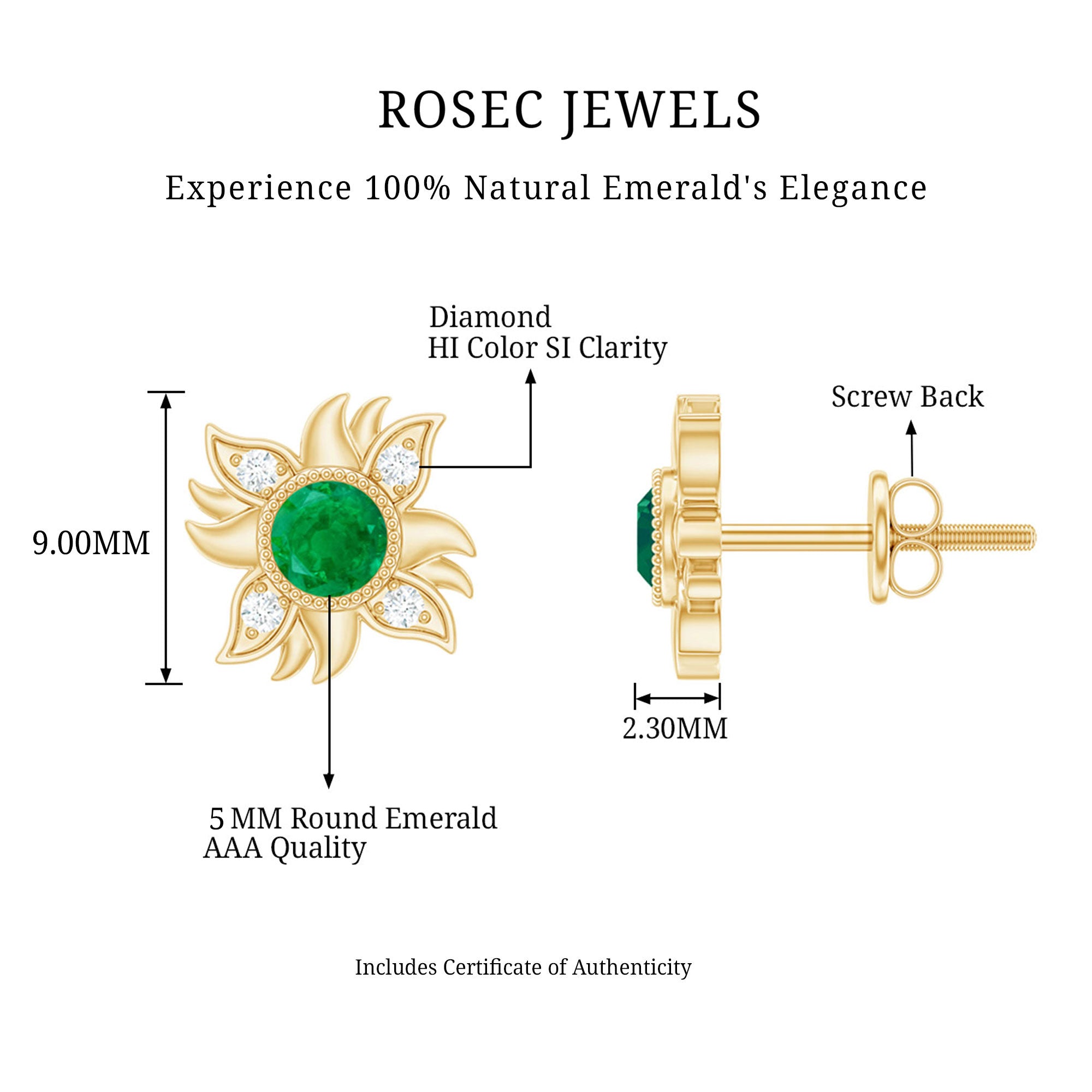 1 Carat Round Emerald and Diamond Sunburst Stud Earrings AAA - Rosec Jewels
