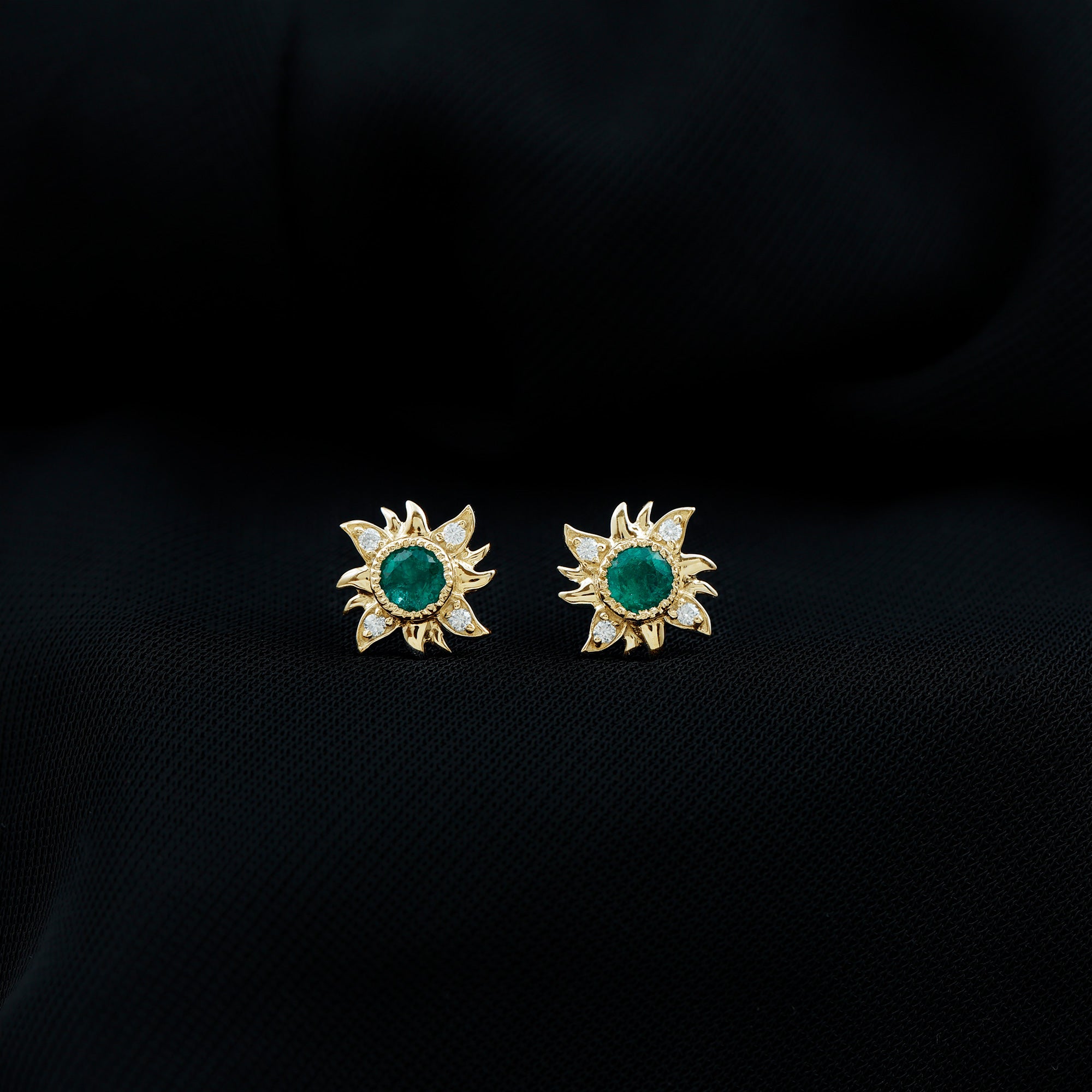 1 Carat Round Emerald and Diamond Sunburst Stud Earrings AAA - Rosec Jewels