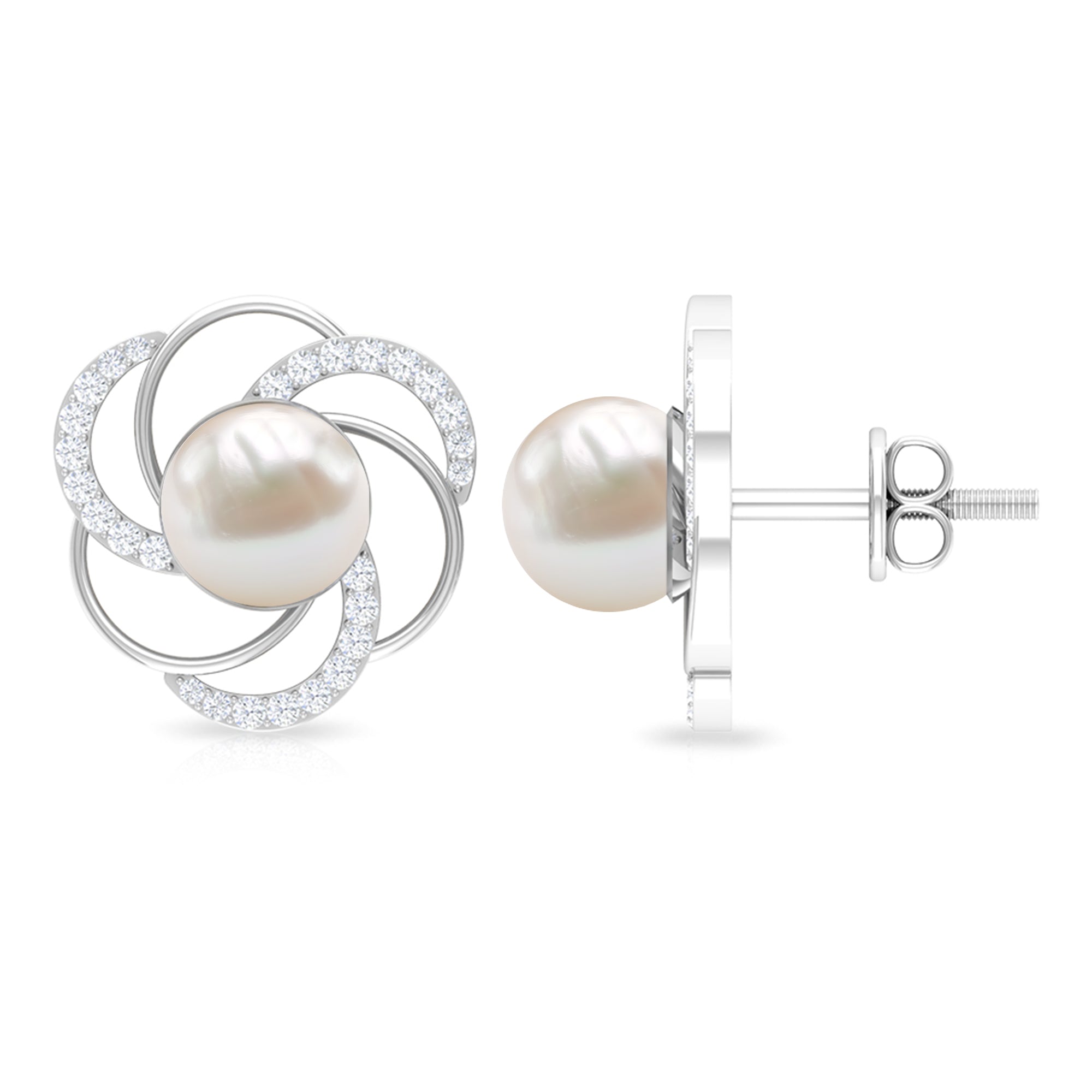 Round Freshwater Pearl Big Stud Earrings with Diamonds