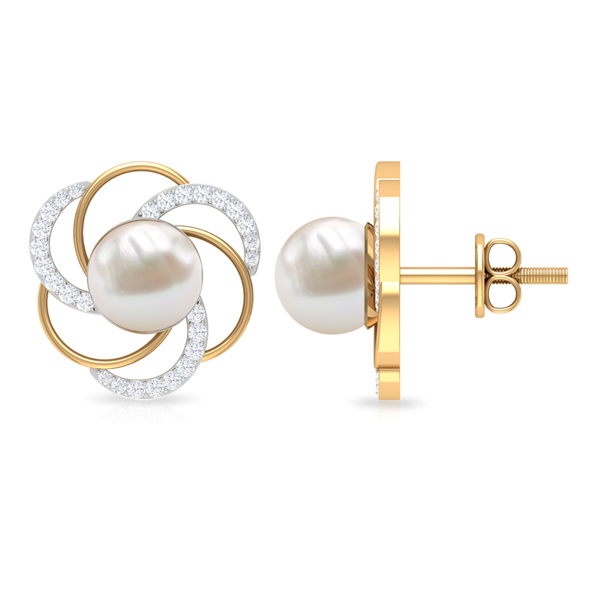 Round Freshwater Pearl Big Stud Earrings with Diamonds AAA - Rosec Jewels