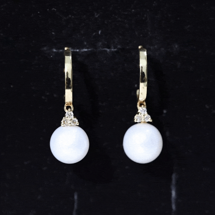 Round Freshwater Pearl and Diamond Hoop Drop Earrings AAA - Rosec Jewels