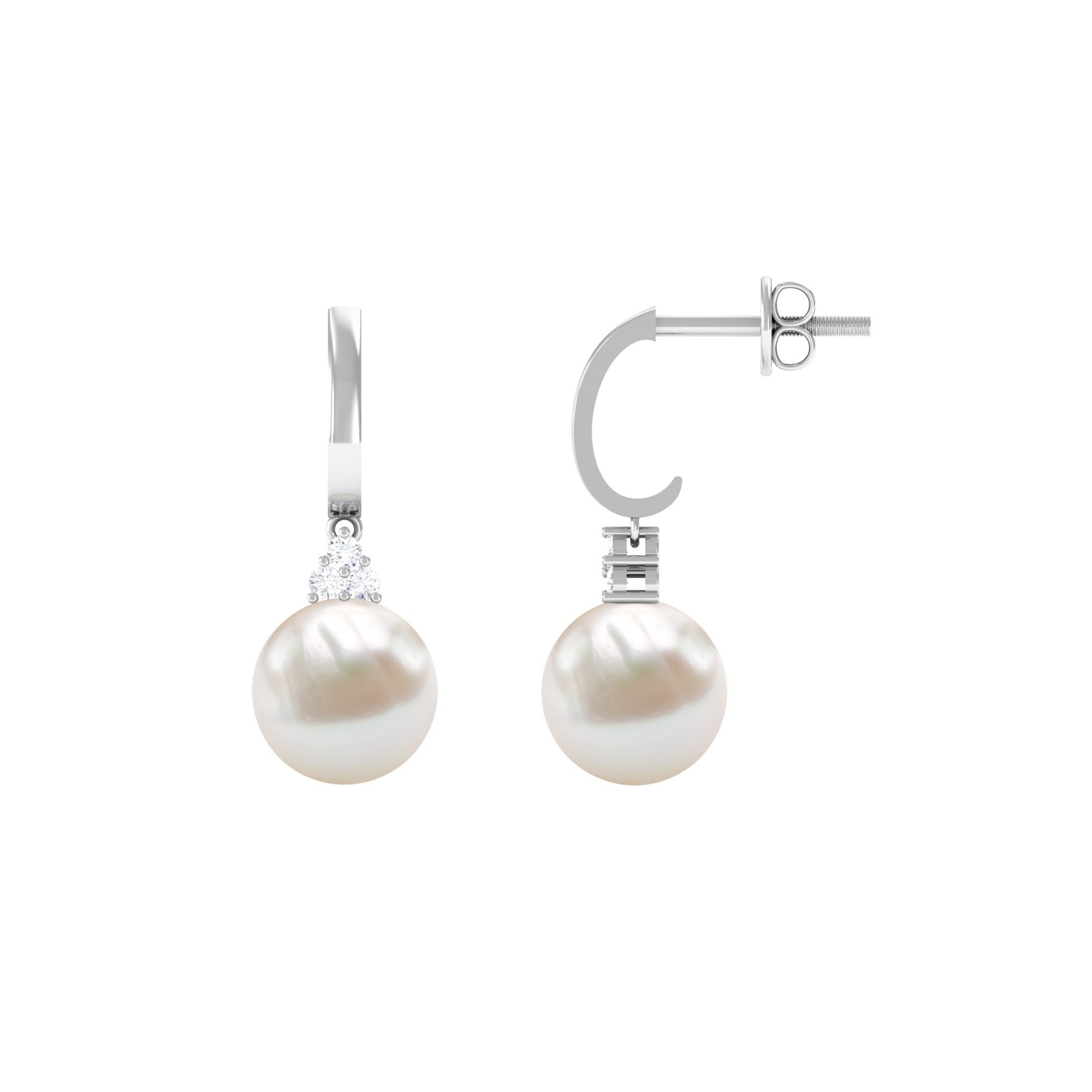 Round Freshwater Pearl and Diamond Hoop Drop Earrings AAA - Rosec Jewels