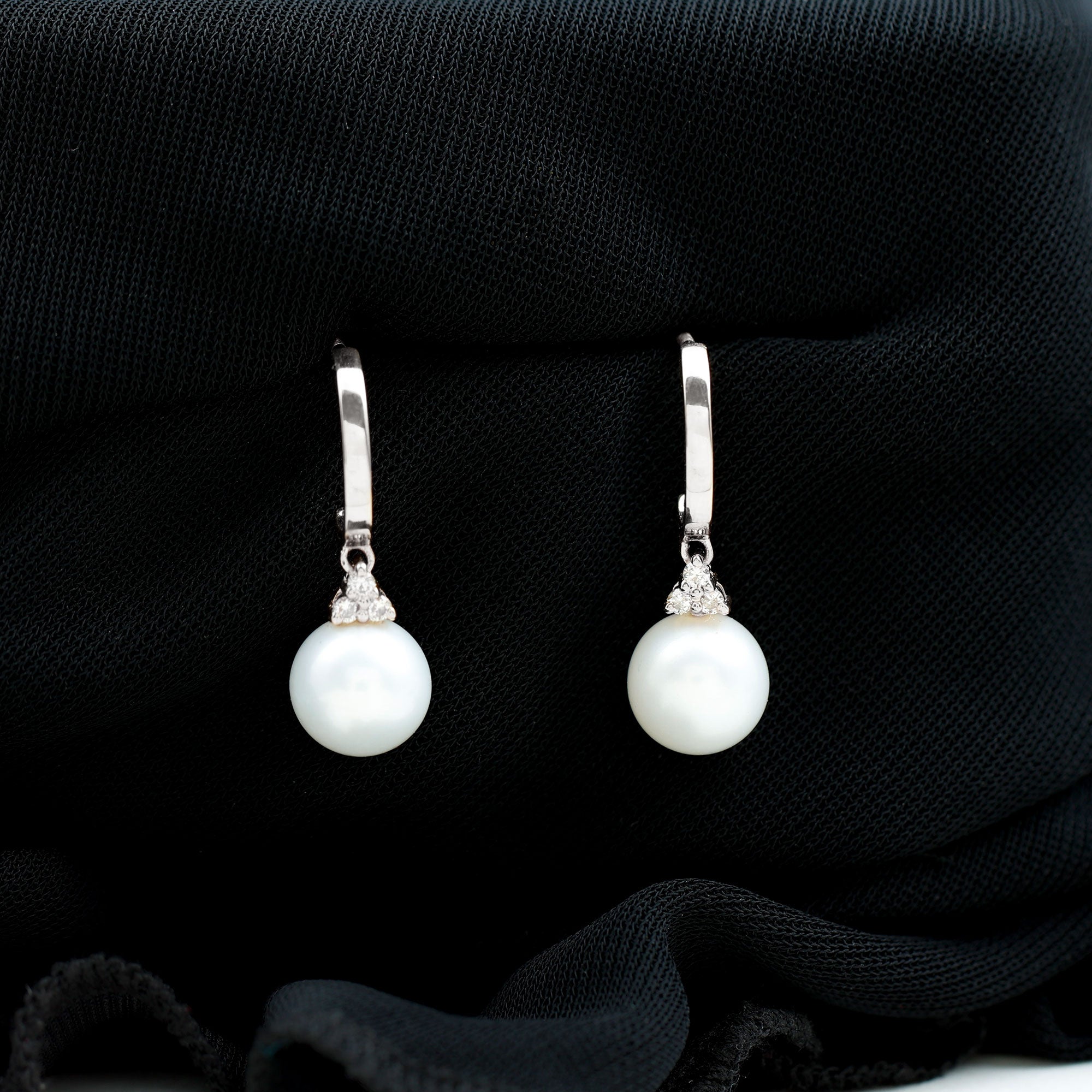 Round Freshwater Pearl and Diamond Hoop Drop Earrings AAA - Rosec Jewels