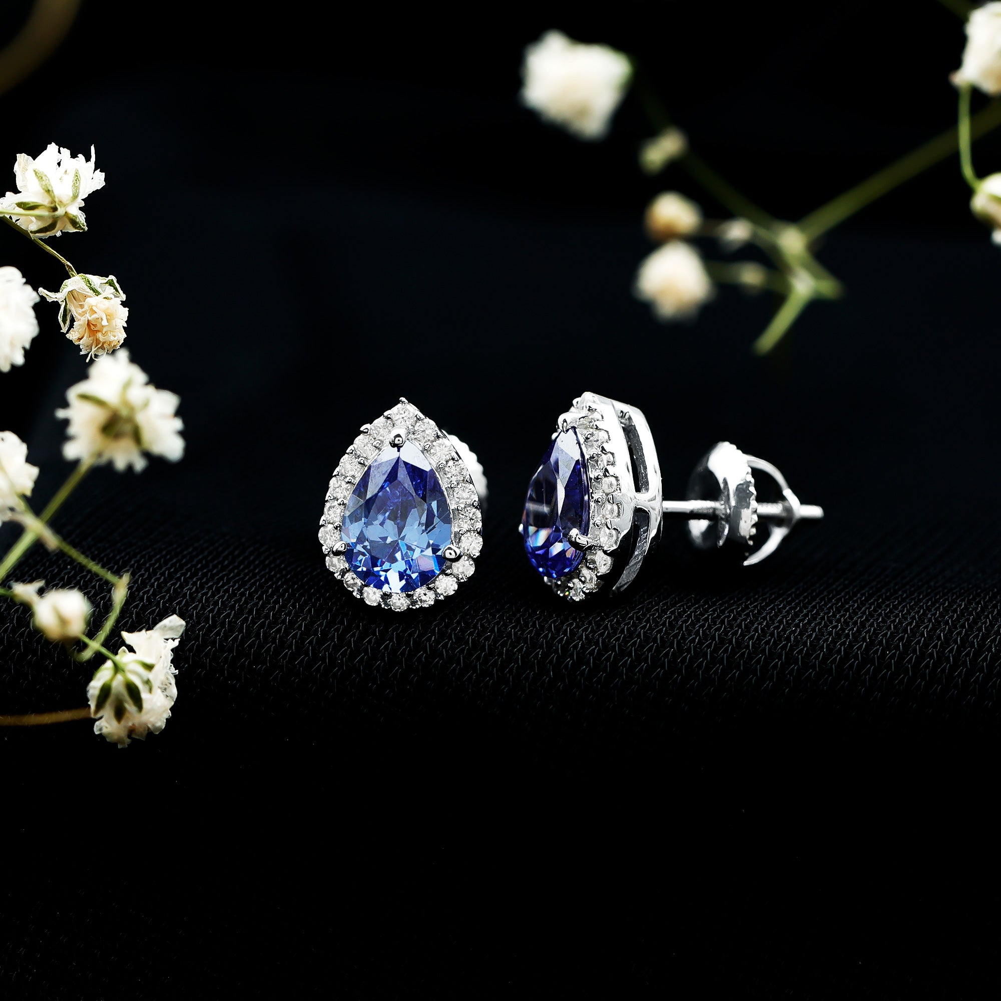 Lab Grown Blue Sapphire Teardrop Stud Earrings With Diamond Halo AAAA - Rosec Jewels