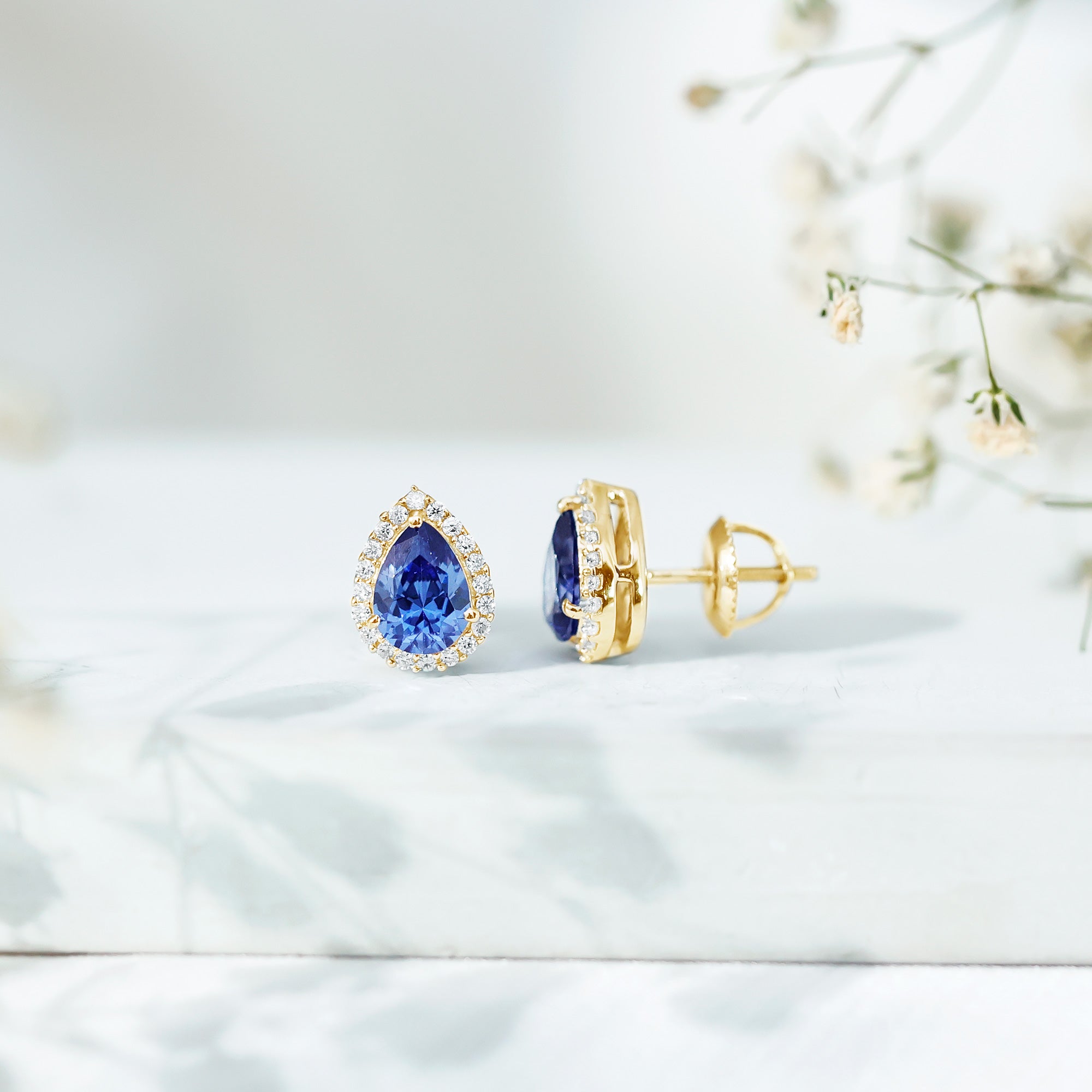 Lab Grown Blue Sapphire Teardrop Stud Earrings With Diamond Halo AAAA - Rosec Jewels