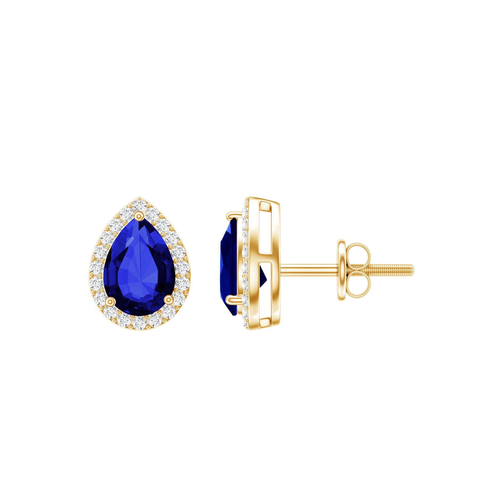 Lab Grown Blue Sapphire Teardrop Stud Earrings With Diamond Halo AAAA - Rosec Jewels